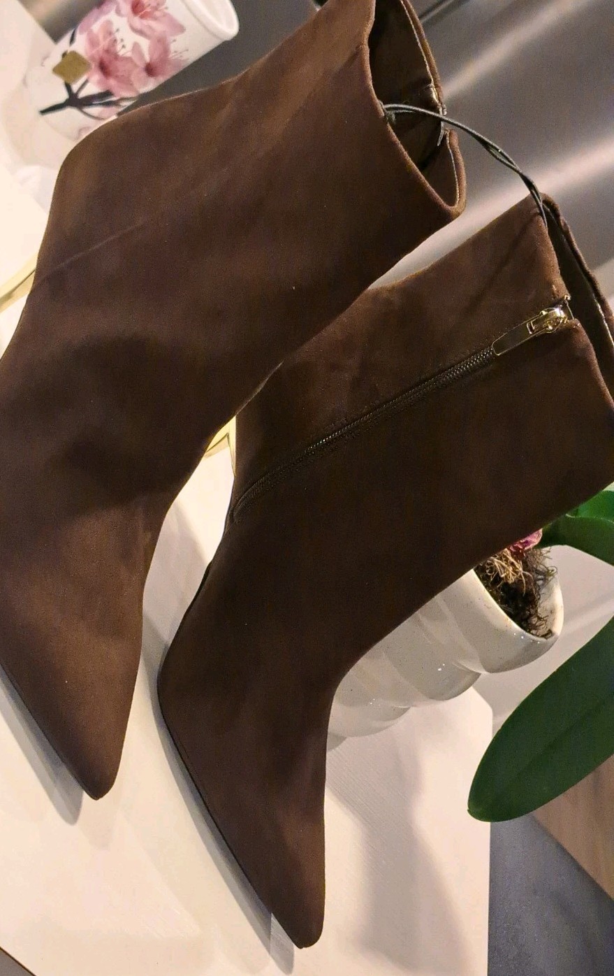 Nine West Brown Suede Gold Heel Pointed Toe Ankle Bootie Size 11