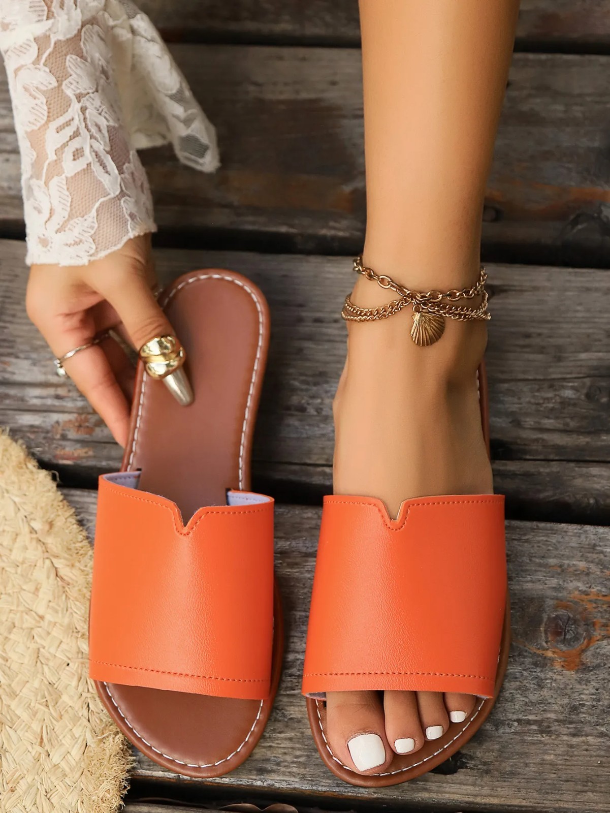 Women’s Flat Slide Sandals Open Toe PU Leather Slip On Summer Beach Shoes 6-12