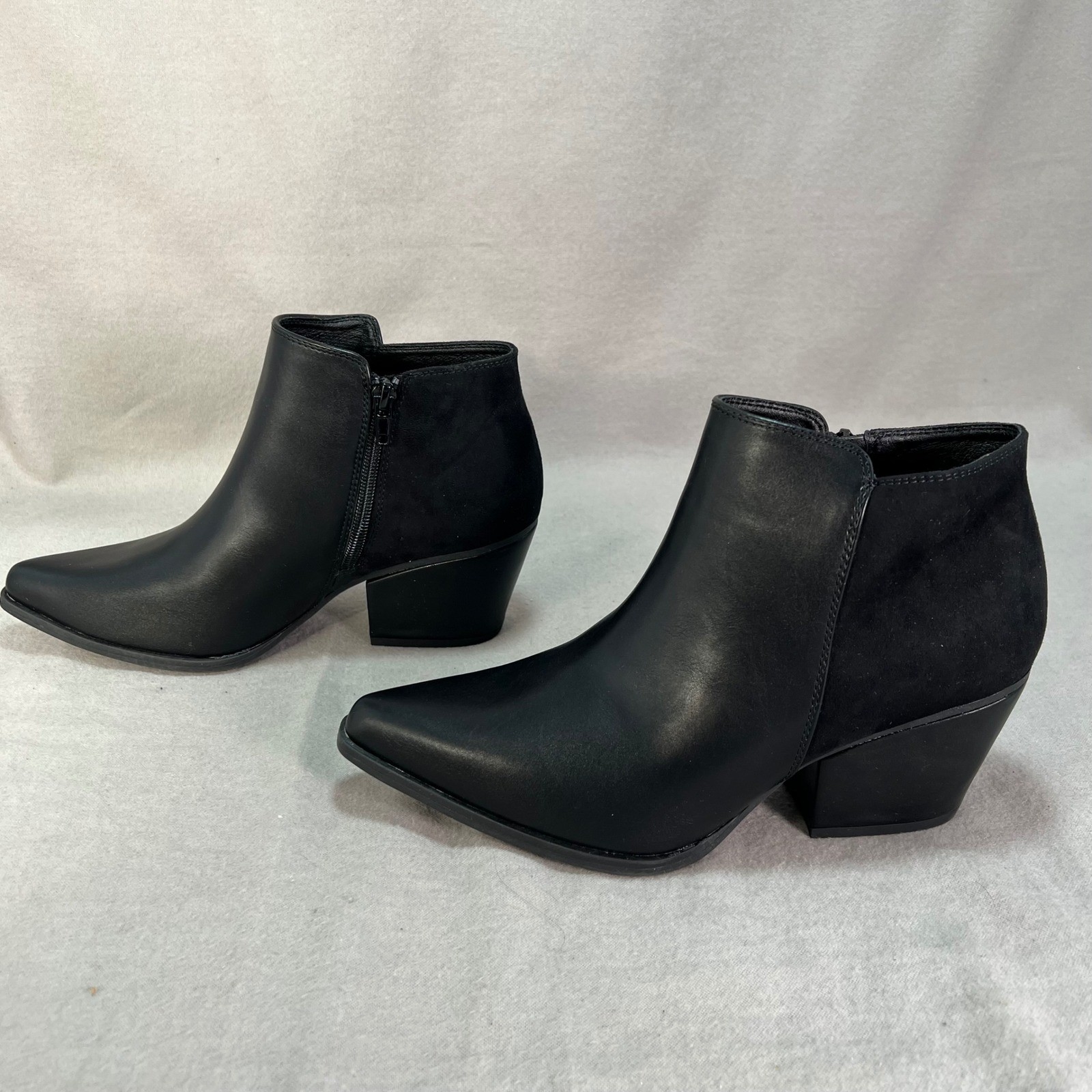 Black Pointed Toe Block Heel Ankle Booties Edgy Street Style Night Out 7.5