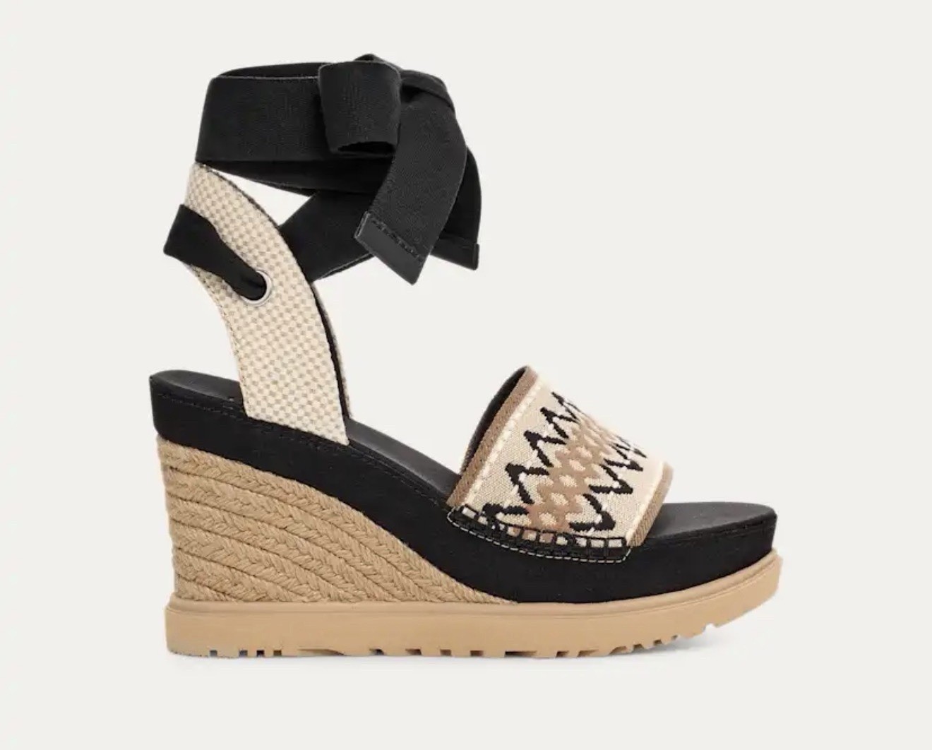 UGG Abbott Black Natural Espadrille Wedge Sandals Ankle Wrap Tie Platform US9 40