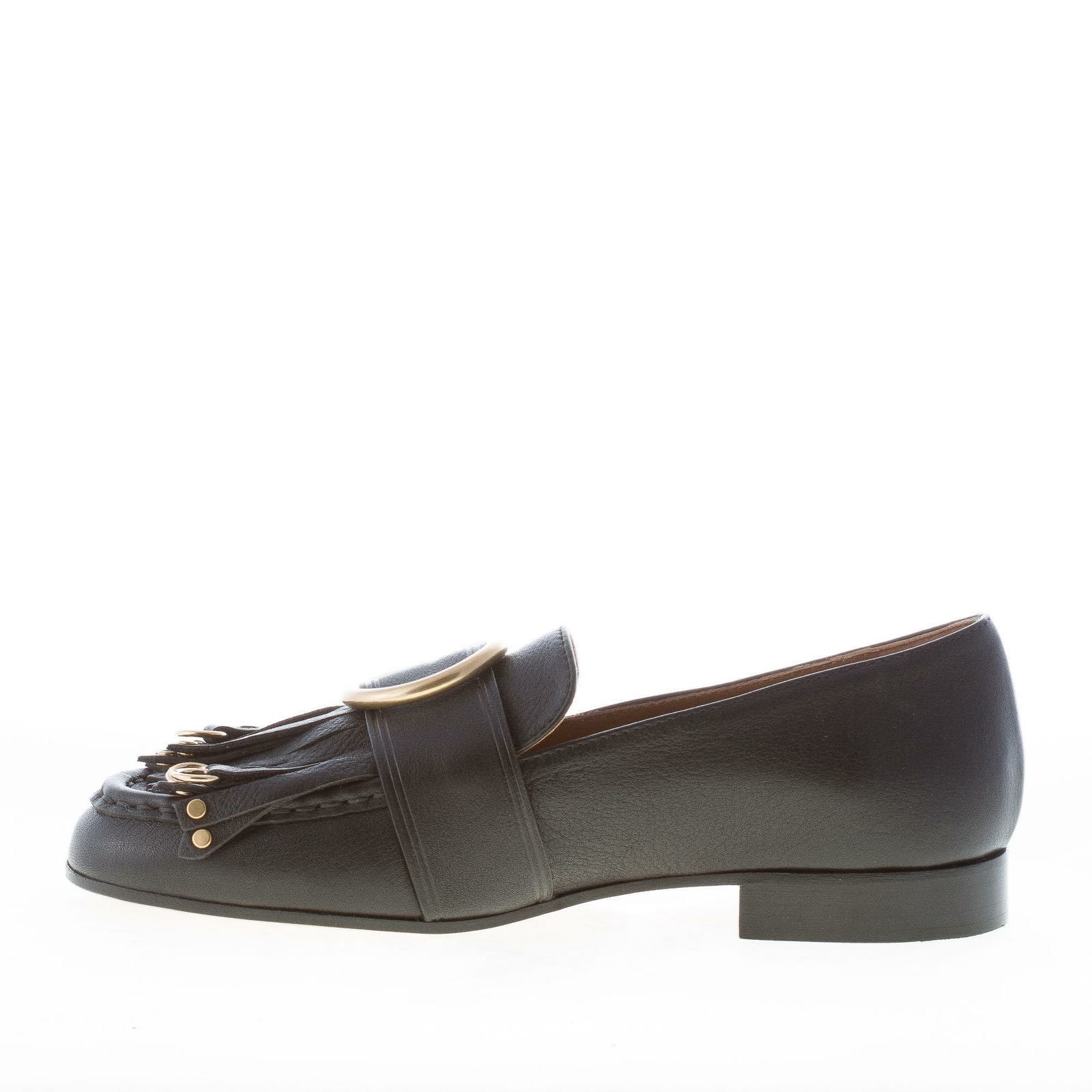CHLOE’ women shoes Olly black leather loafer long fringes gold ring CH29160E42