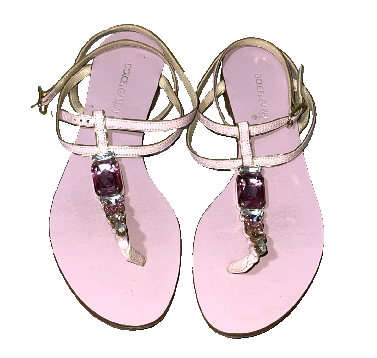 Dolce & Gabbana Pink Leather Crystal Thong T strap Flats Sandals US 5.5 6 IT 36