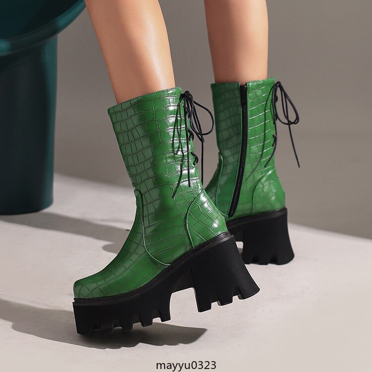 Womens Platform High Block Heel Zip Square Toe Casual Ankle Boots Shoes Biker