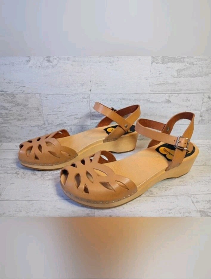 Swedish Hasbeens Wood Clogs Womens 38 Brown Leather Peep Toe Sandals Boho