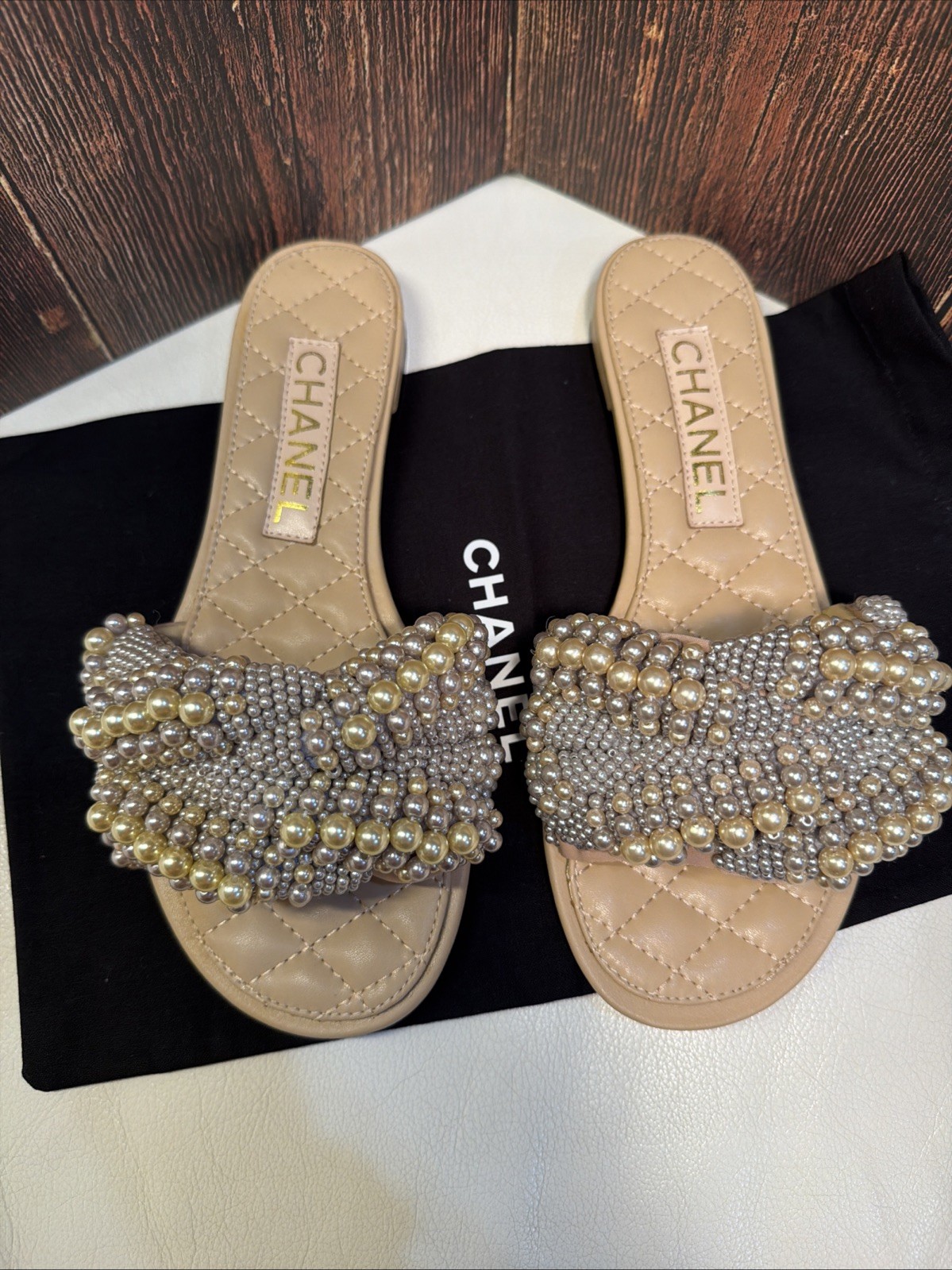 CHANEL Cuba Silver Gold Beige rope pearl twist slipper sandals EU37