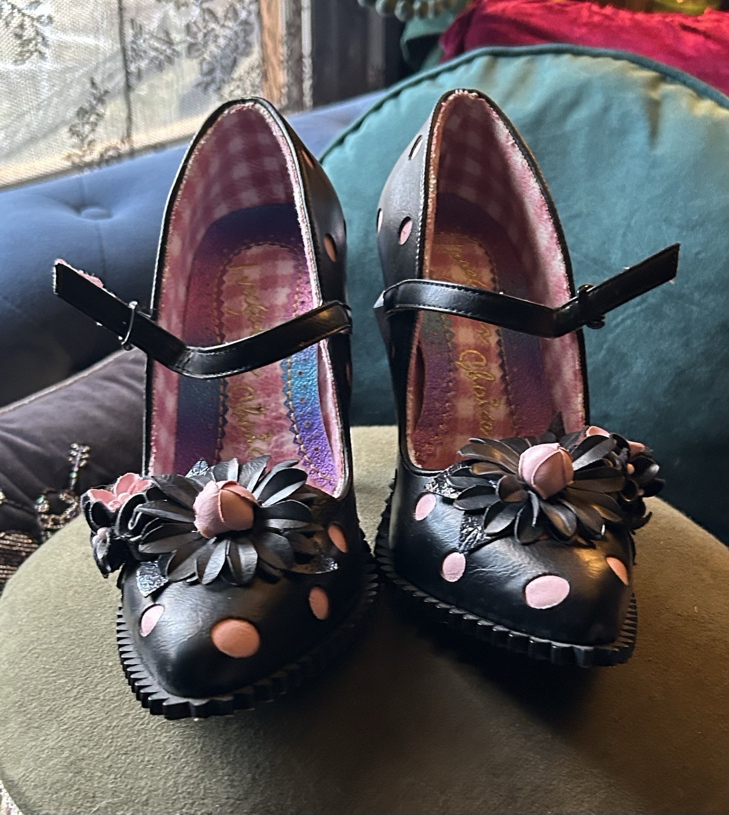 Irregular Choice Black Pink Polka Dot Cat Flower Strap Buckle Pumps Women’s