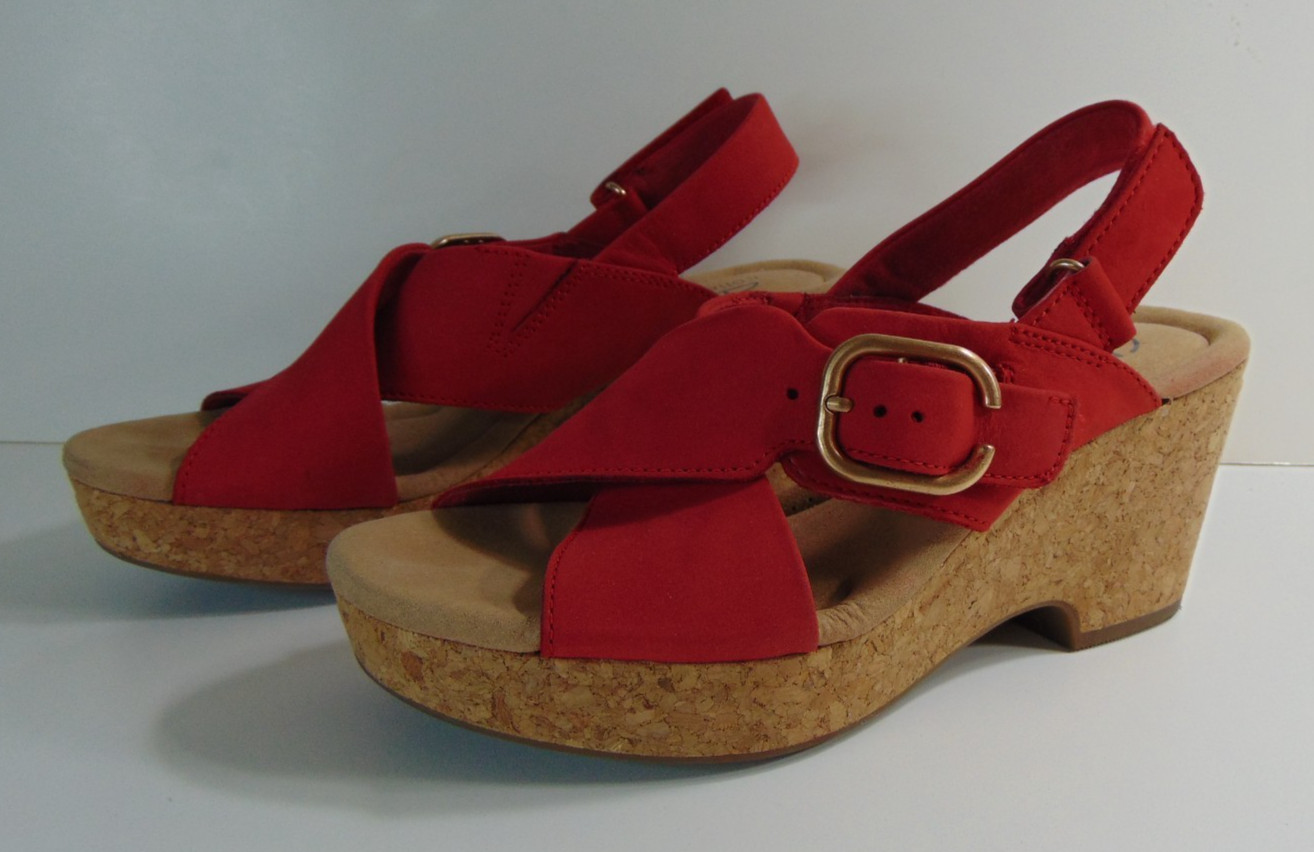 Clarks Giselle Dove Cherry Red Nubuck Leather Cork Wedge Sandals 8 Ult Comfort