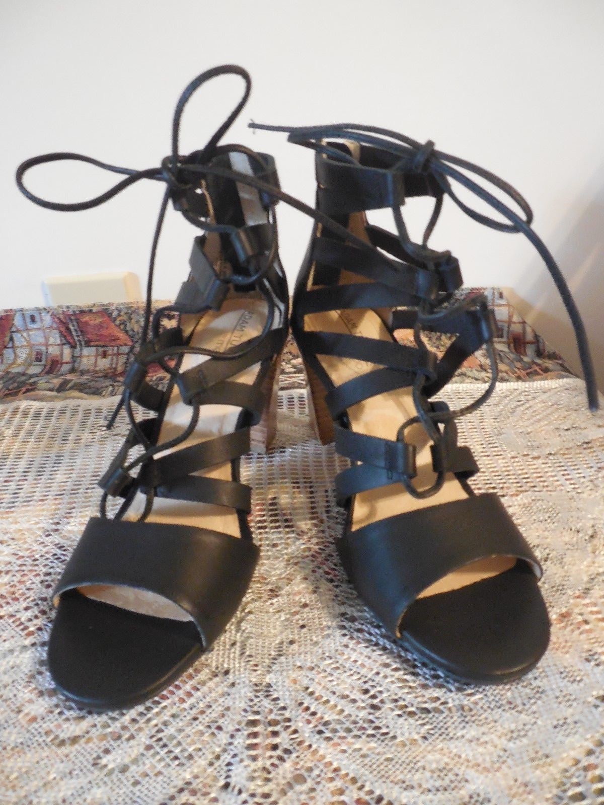 ADAM TUCKER (me too) NEW! Black Leather Ankle Strap size 6.5M heels 3″ lace up