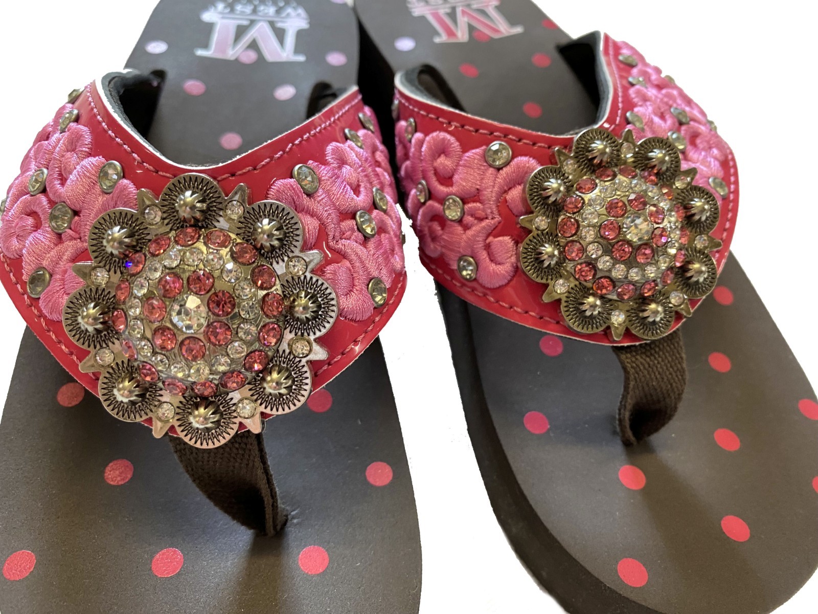 Montana West Women’s Brown Platform Pink Embroidered with Rhinestone Concho NIB