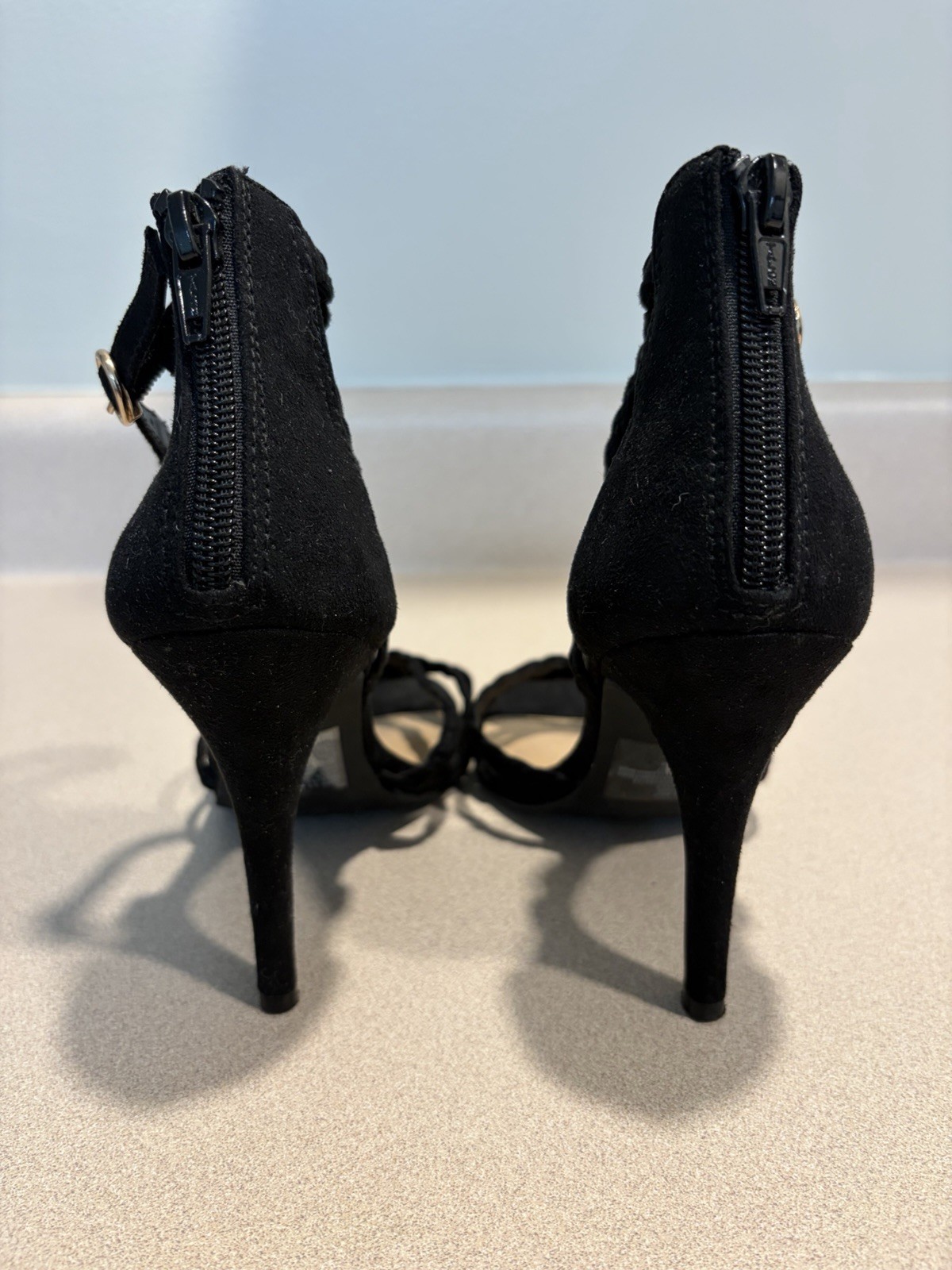 LC Lauren Conrad Black Braided Strappy Open Toe Stiletto Heels Buckle Zip