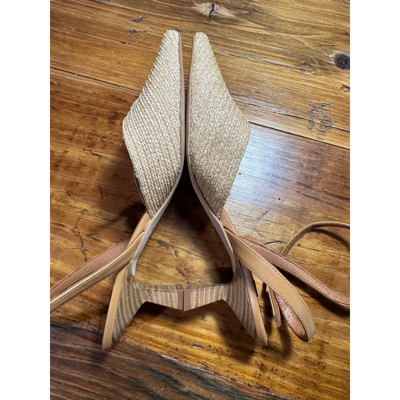 ANGEL ALARCON Helen Raffia Woven Slingback Heels Tan Leather Ankle Strap Size 39