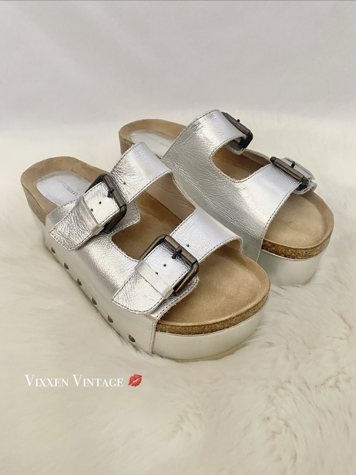 FREE PEOPLE X INTENTIONALLY BLANK ‘RULE BREAKER FLATFORM SANDALS’ IN SILVER $210