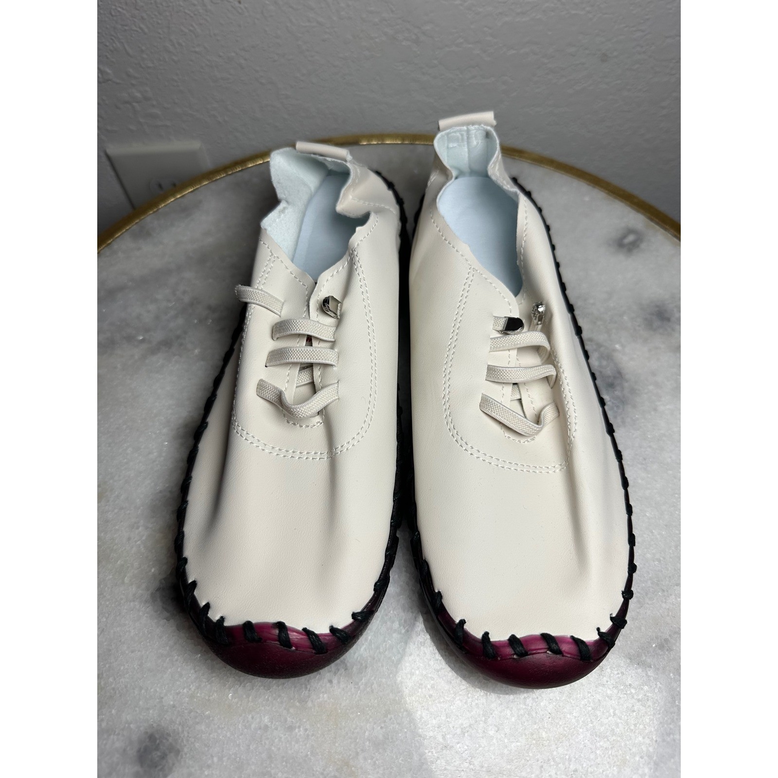 Womens Hand Stitched Faux Leather Loafers Cream Burgundy Walking Shoes