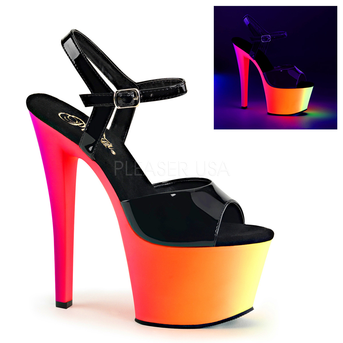PLEASER RAINBOW-309UV Blacklight Neon Rainbow Platform 7″ Stripper Heels Shoes