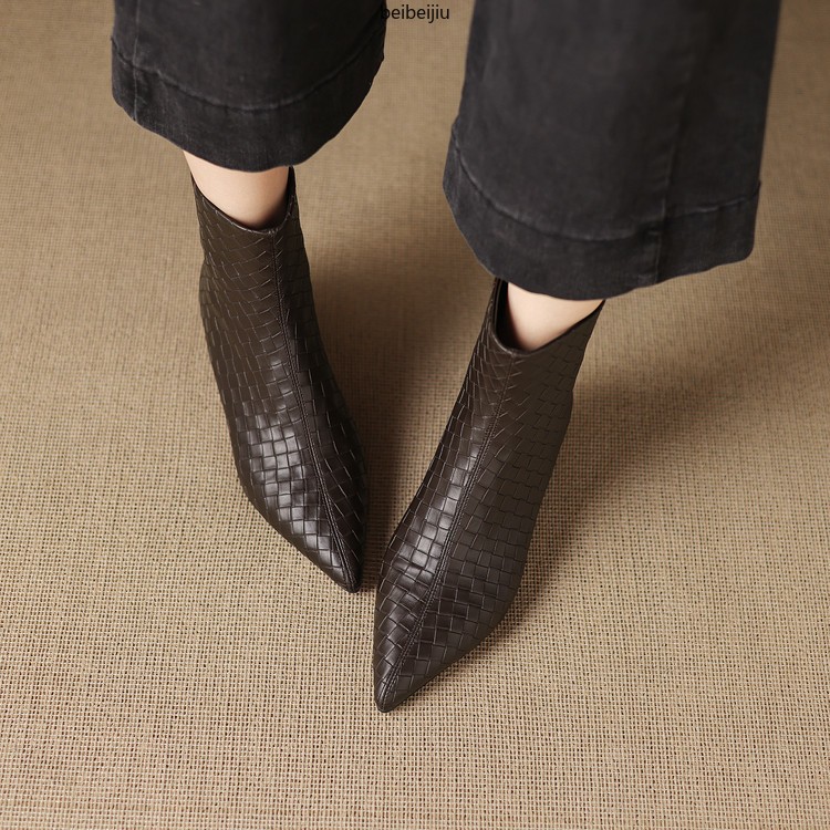 Women’s Weave Real Leather Ankle Boots Low Kitten Heel Dress Fashion Shoes Plus