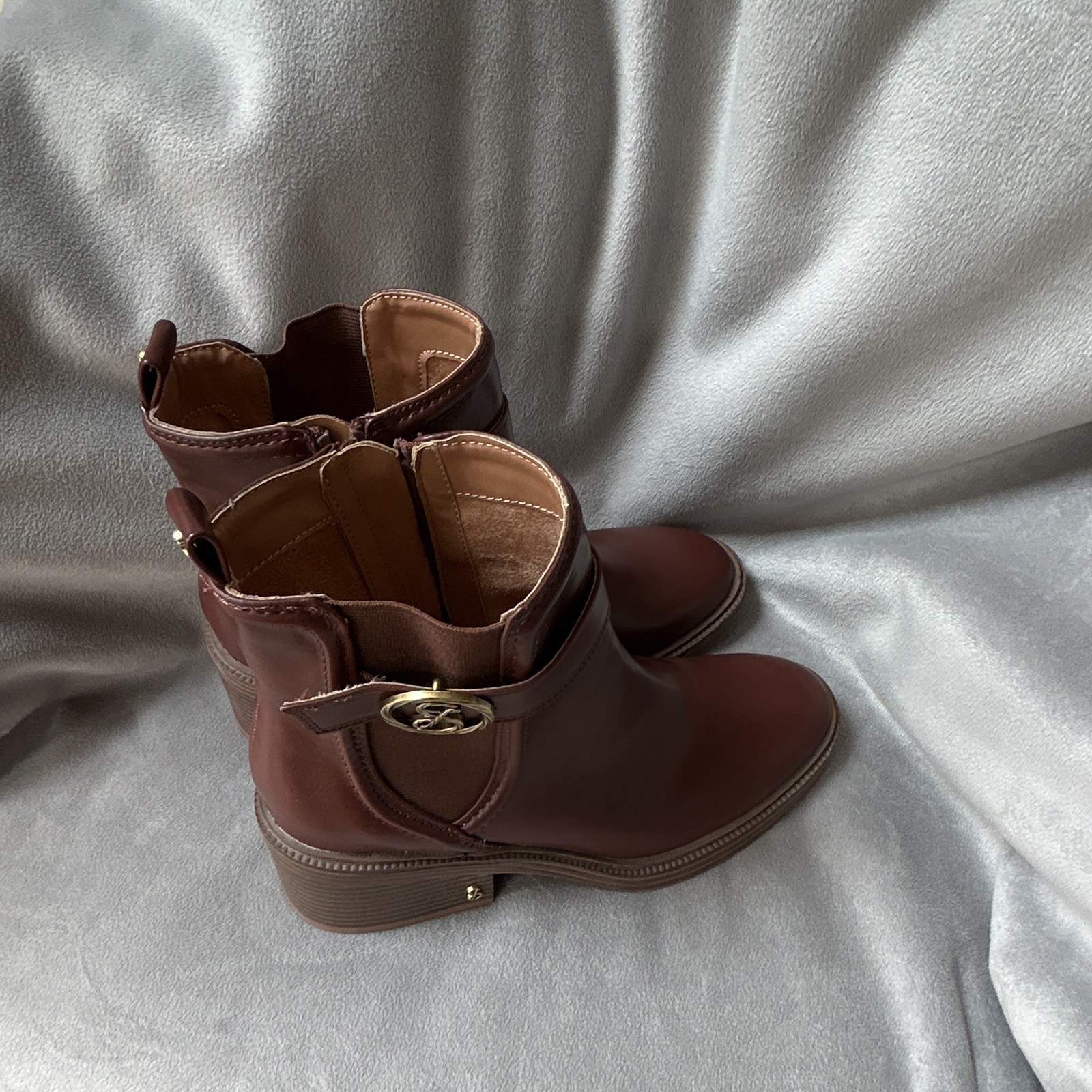 Sam Libby Natalja Women’s Brown Leather Ankle Bootie Round Toe Zip Buckle 8