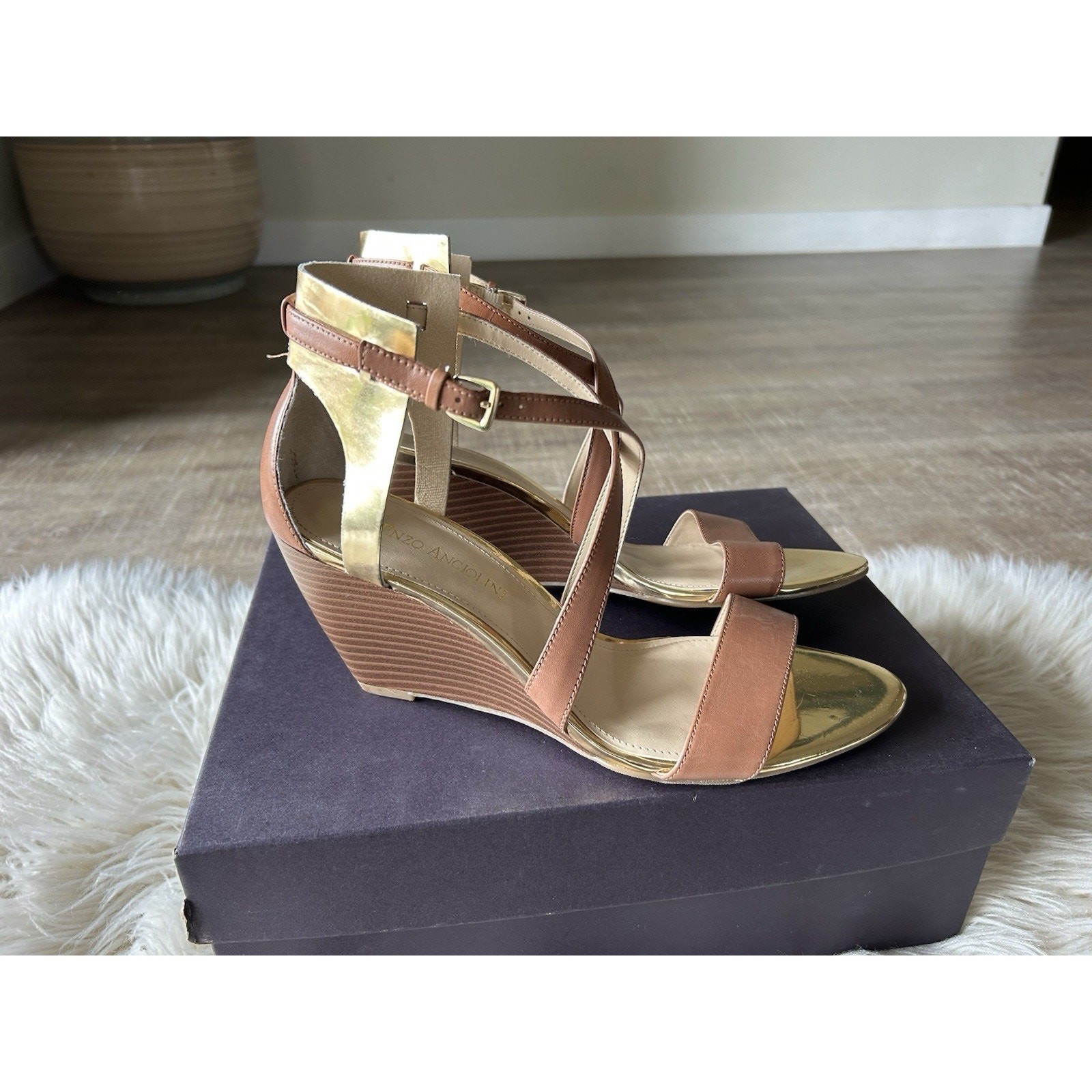 Enzo Angiolini McKinney Brown Leather Wedge Sandals 8.5 Women’s Ankle Strap NWB