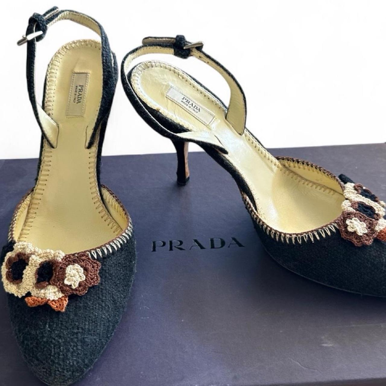 PRADA Women’s Black Slingback Stiletto Heels Crochet Flower EU 36 US 6