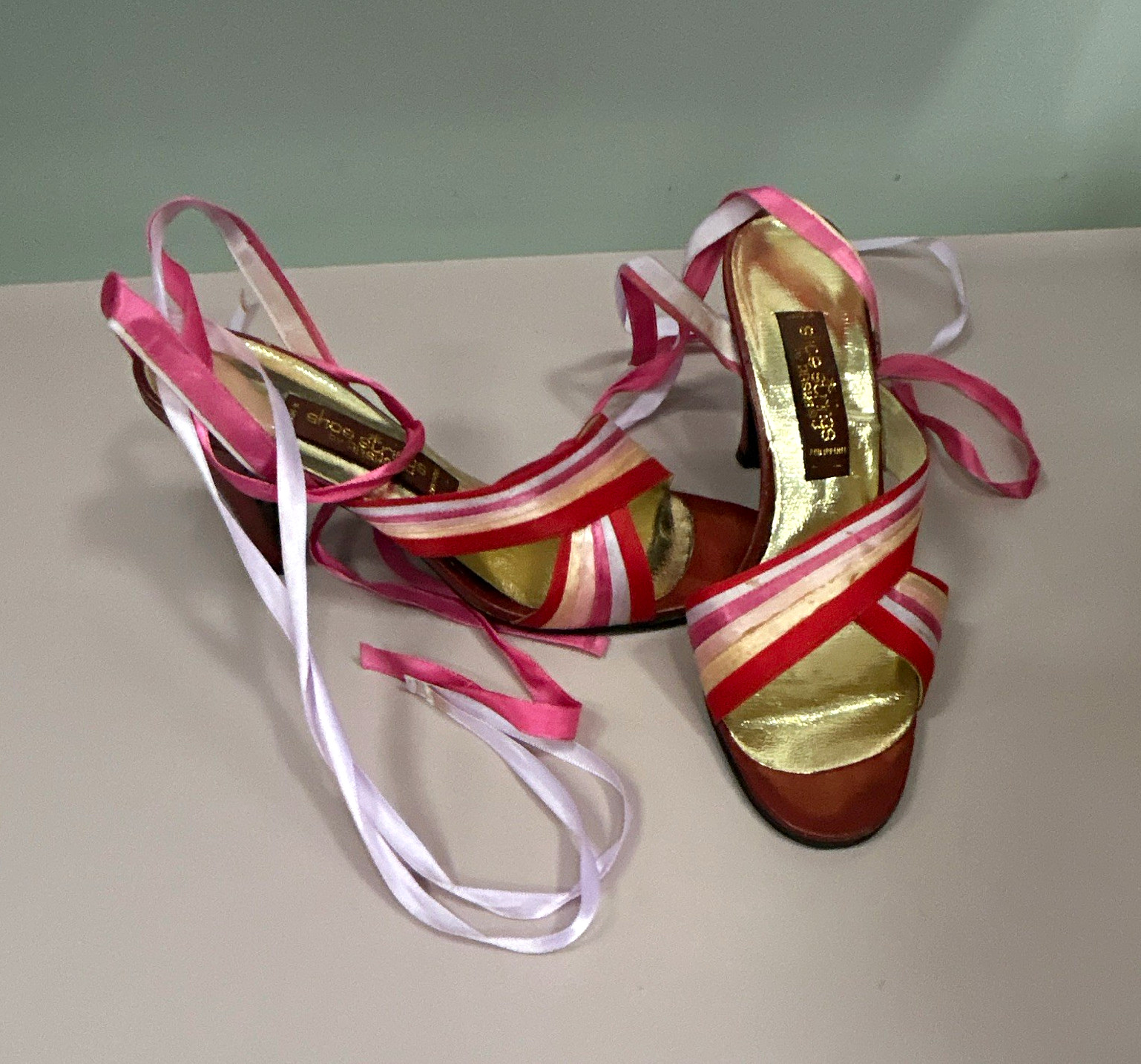 Shoe Sous Women’s Pink/Red/White Striped Strappy Open Toe Stiletto Tie 6