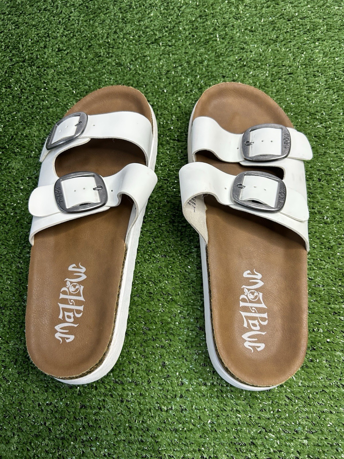 Mata Women’s Slide Sandals Double Buckle Synthetic Upper White/Brown Size 9