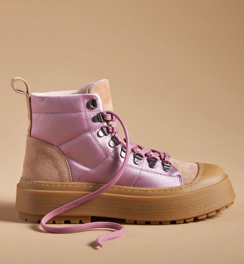 Anthropologie Maeve Hiker Boot Pink Satin Tan Suede Rubber Lace Up 40/ 9-9.5 NEW