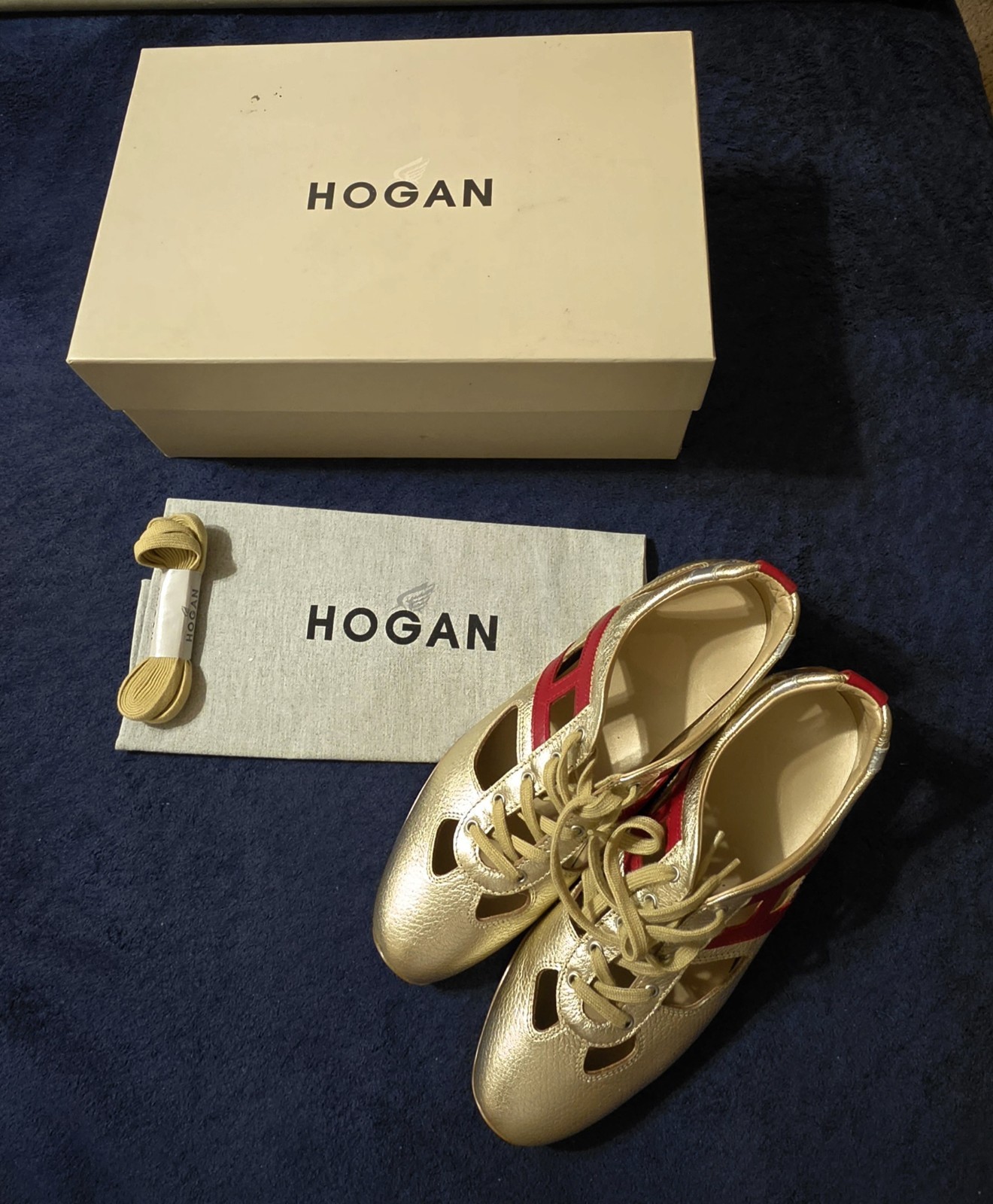 Hogan Sprint Atletica Vintage Gold Red Leather Cutout Sneakers NOS women’s 9 US