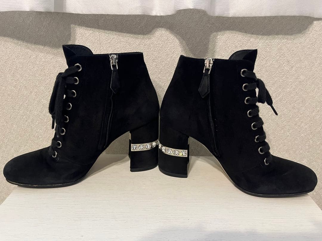 MIU MIU Short Boots Shoes Bijou EU 35.5 US 5.5 Suede Black Authentic