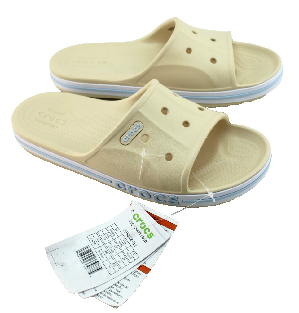 New CROCS Women’s 6 Bayaband Vanilla Cream /Blue Raised Crocs Logo Slide Sandals