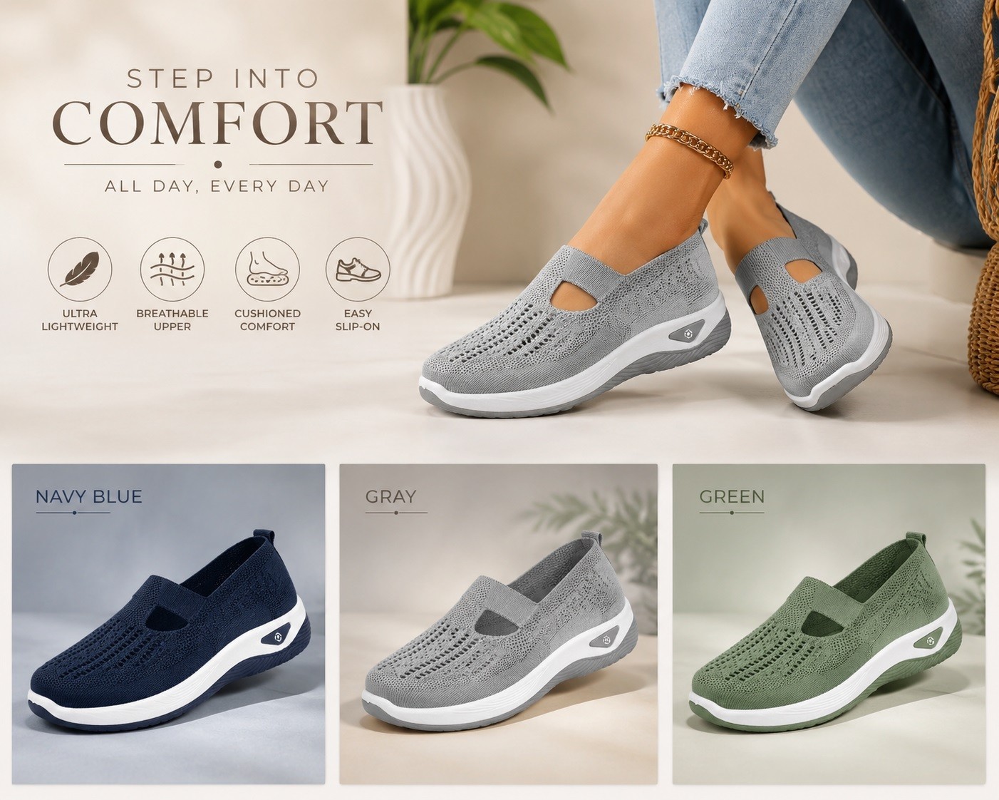 Women Mesh Flats Shoes Breathable Slip On Walking Sneakers Soft Non Slip Casual✨