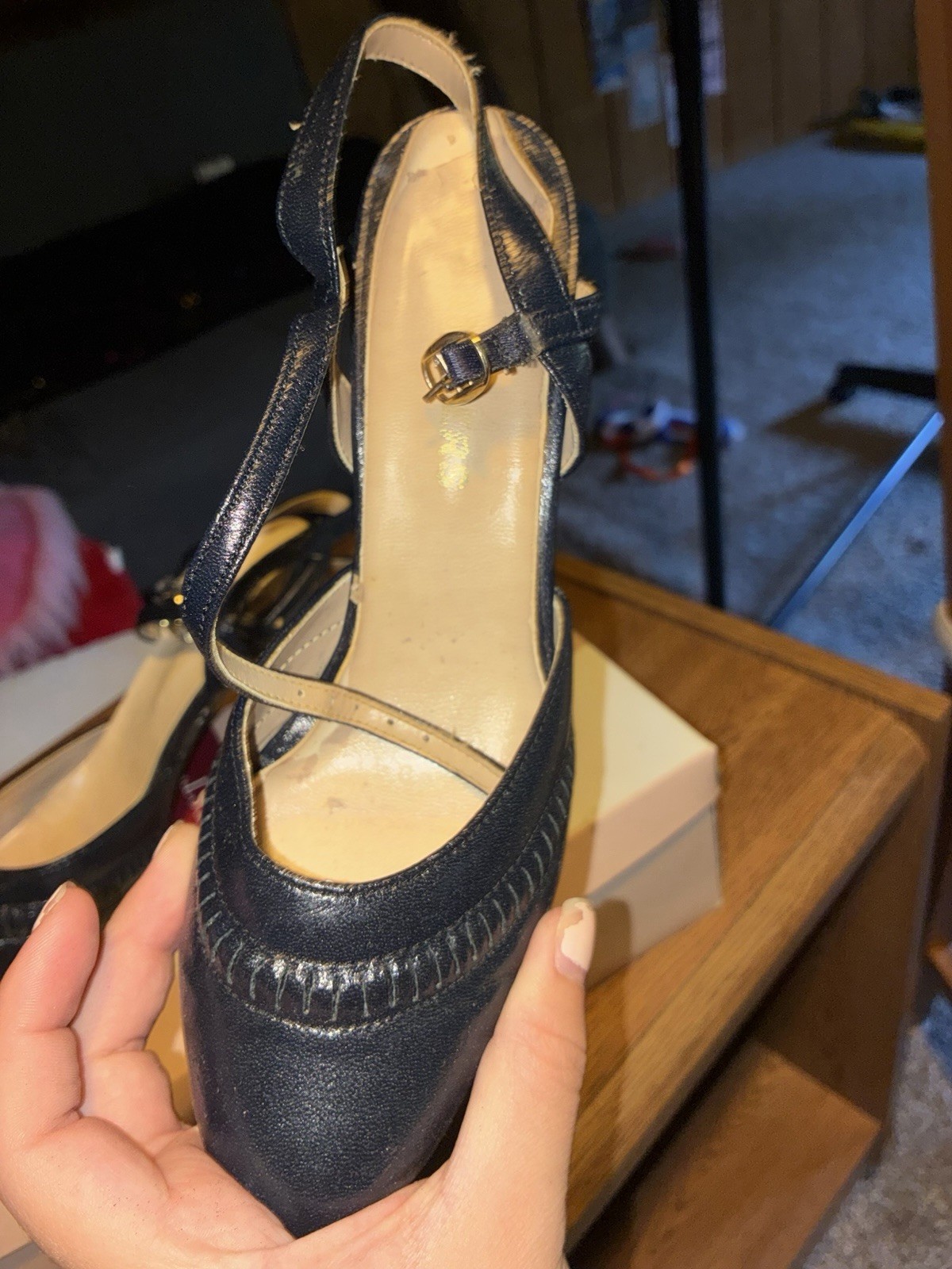 Park West Women’s Black Faux Leather Mary Jane Block Heel Buckle Strap 5 M