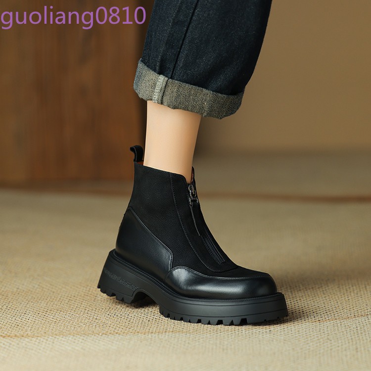 Women’s Leather Ankle Boots Round Toe Shoes Block Heel Zip Platform Fashion OL