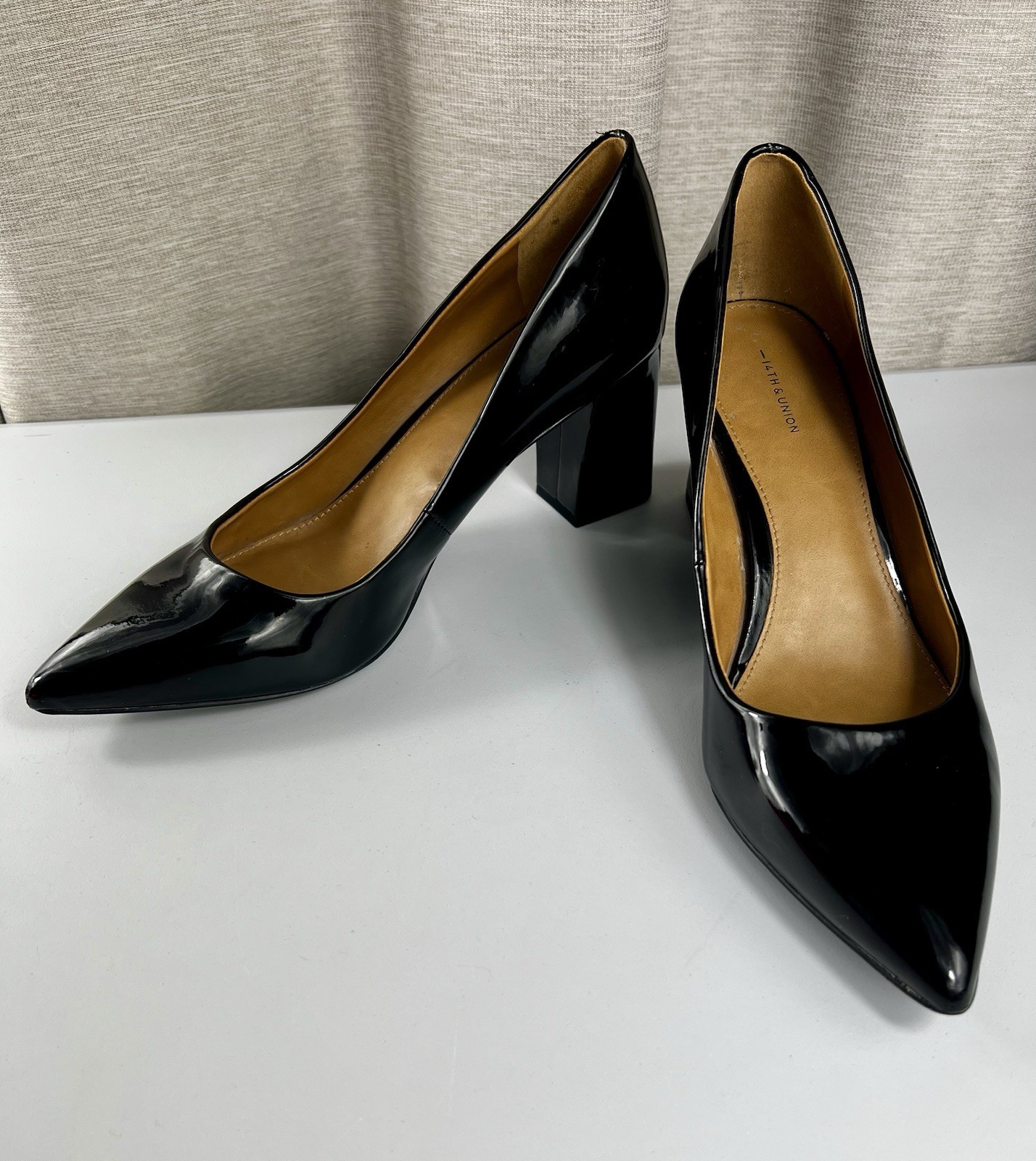 14th & Union Black Patent Leather Pumps Heels, Pointed Toe, Cube Heel Size 9 M