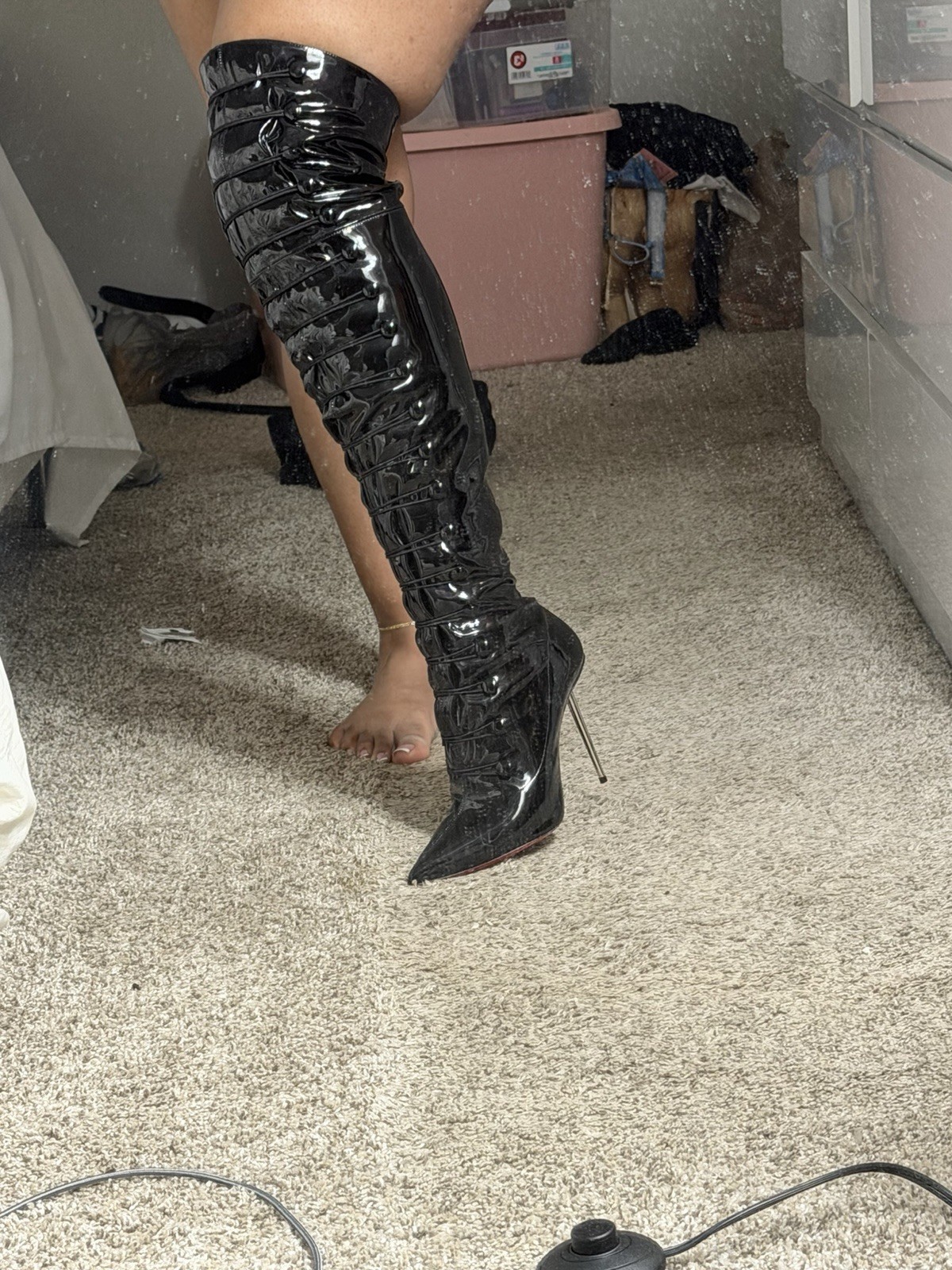 Christian Louboutin Black Patent Leather Knee-High Lace-Up Boots
