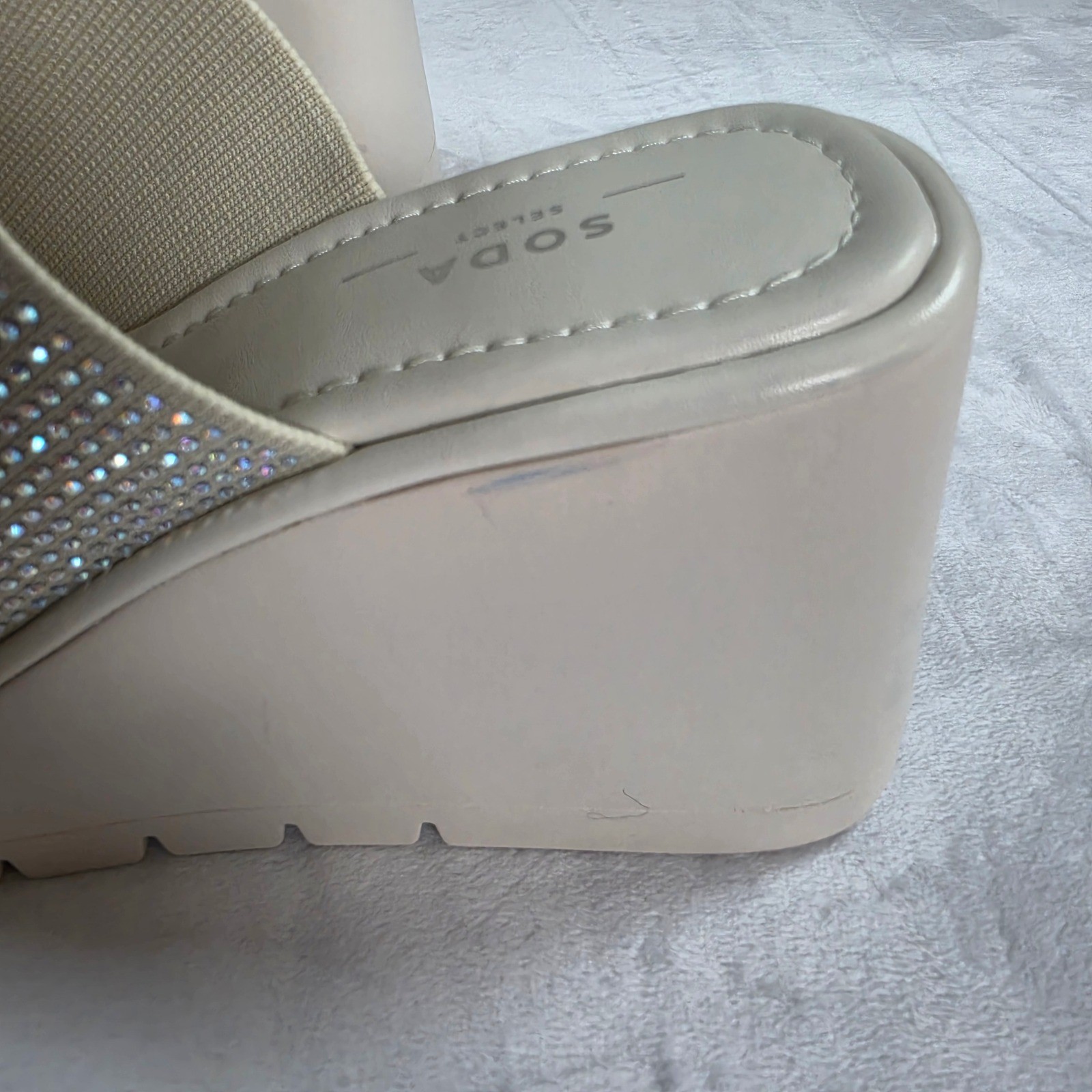 Soda Select Womens Rhinestone Embellished Platform Wedge Slide Sandals Beige 7.5