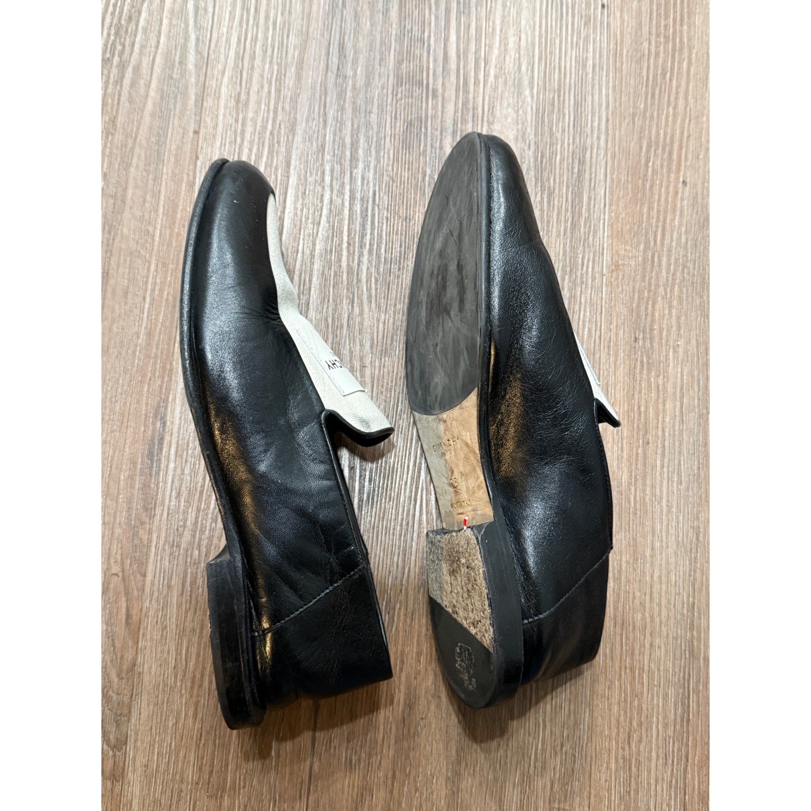 Givenchy Paris Black Leather Cream Canvas Logo Loafers Flats Made in Italy 38