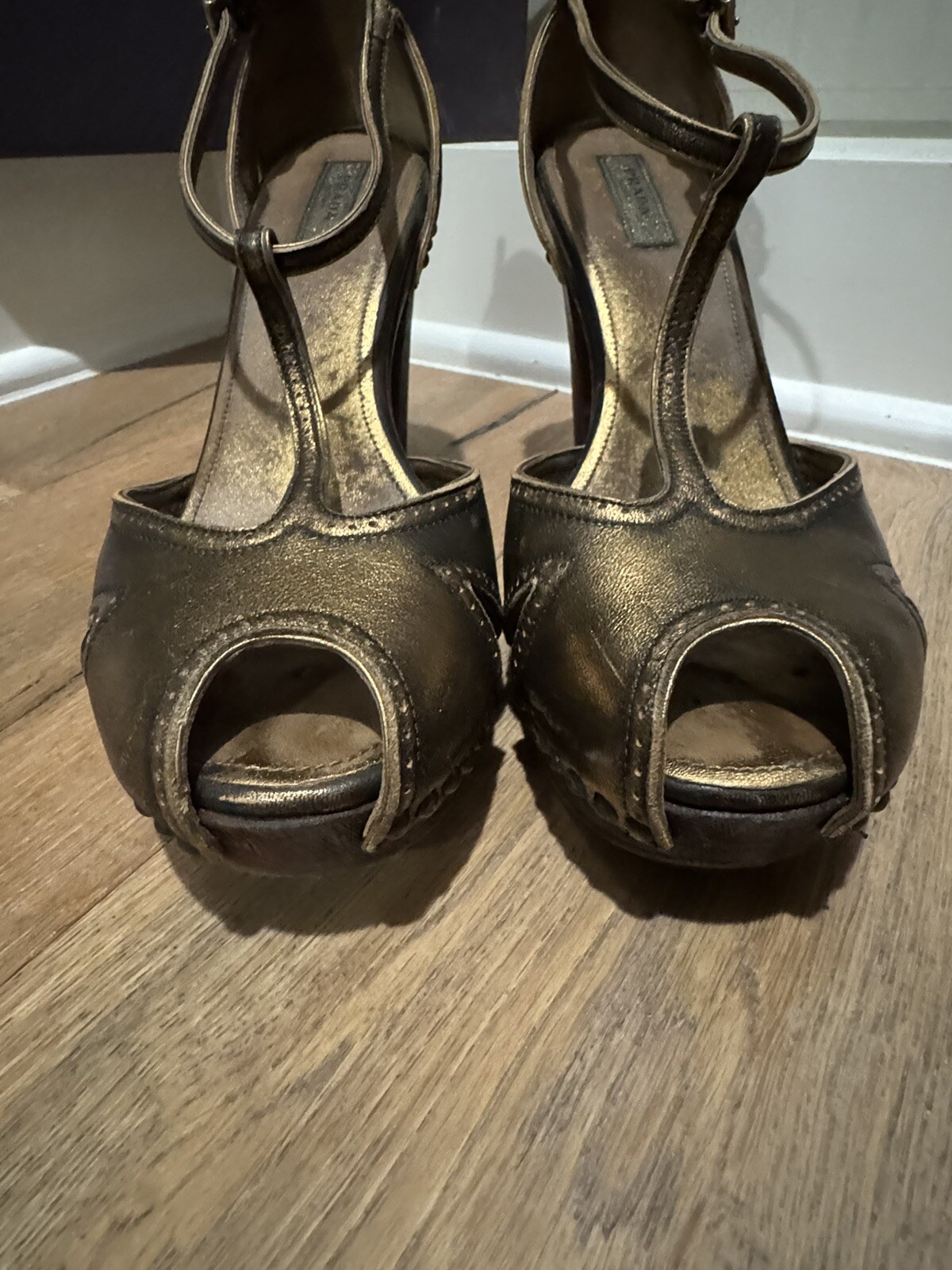 PRADA Bronze T-strap Heels