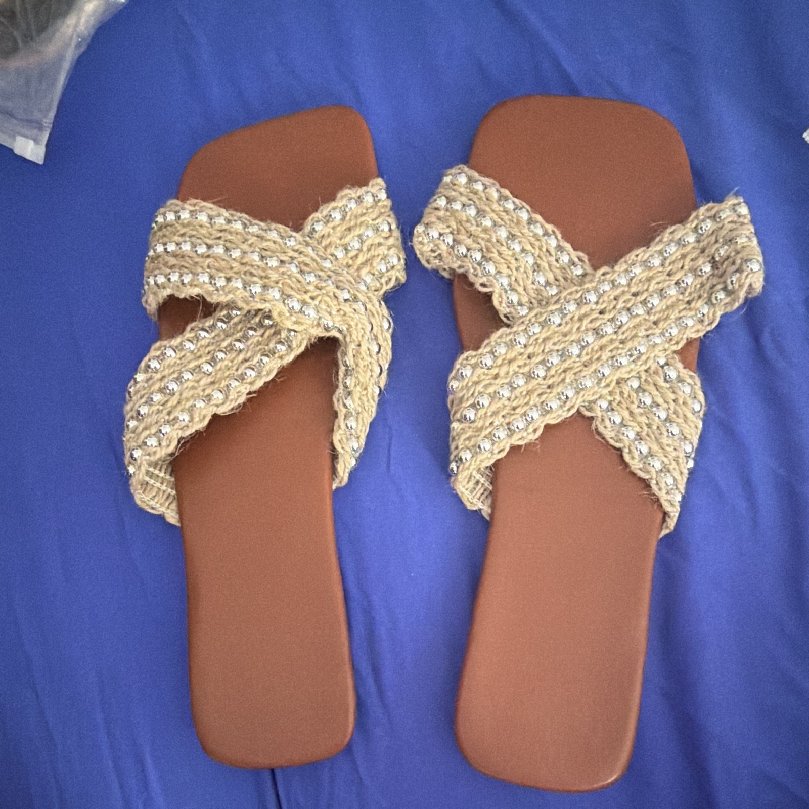 Women’s Tan/Brown Braided Strappy Slide Sandals Slip-On Solid Rubber Outsole 8