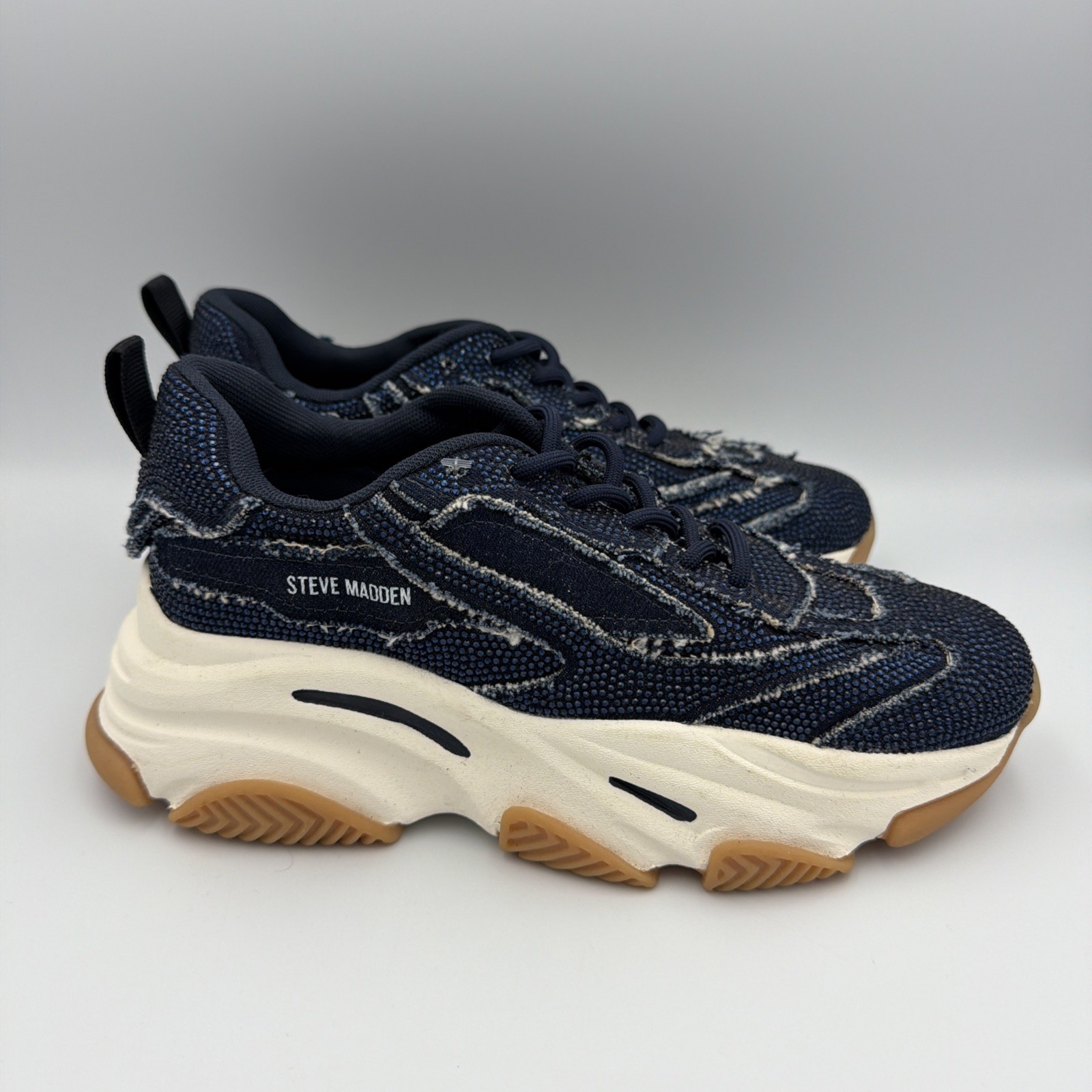 Steve Madden Designer Wmns Sz 8.5 M Permit Luxury Rhinestone Dark Blue Sneakers