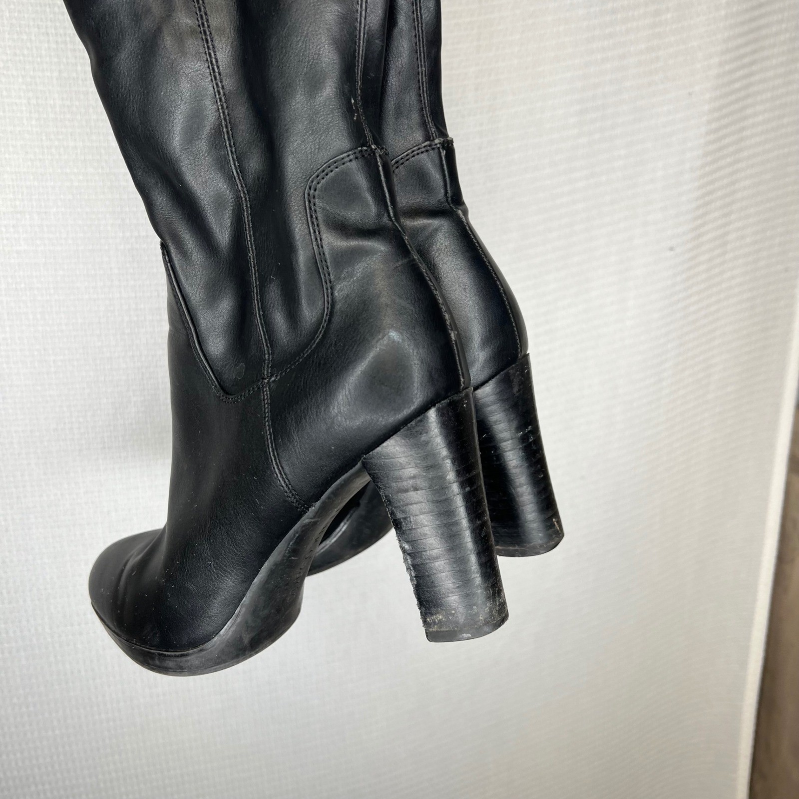 Franco Sarto Black Faux Leather Knee High Boots Chunky Heel Size 7