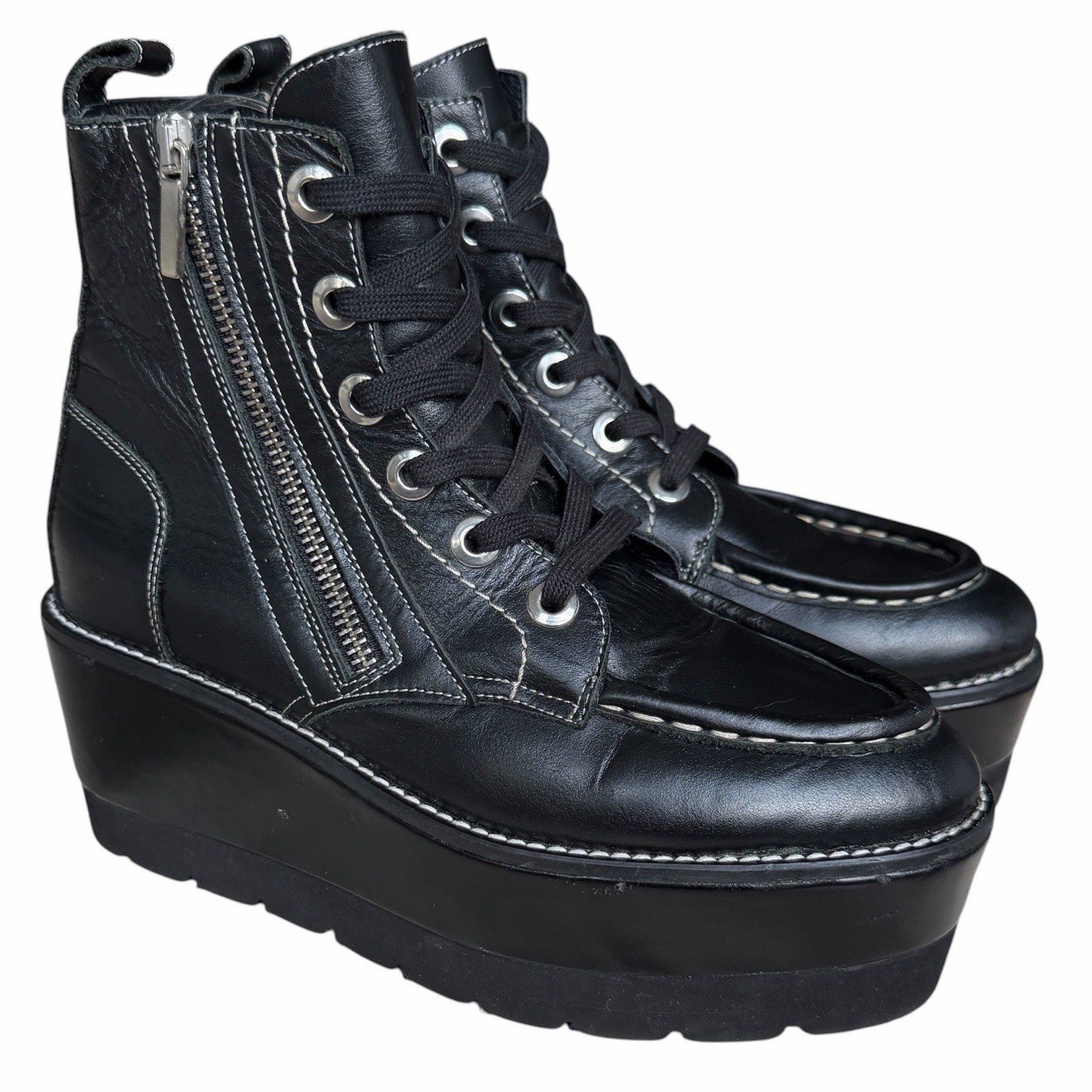 Free People Platform Boots Womens 36 6 Black Leather Maverick Wedge Lace Up Shoe
