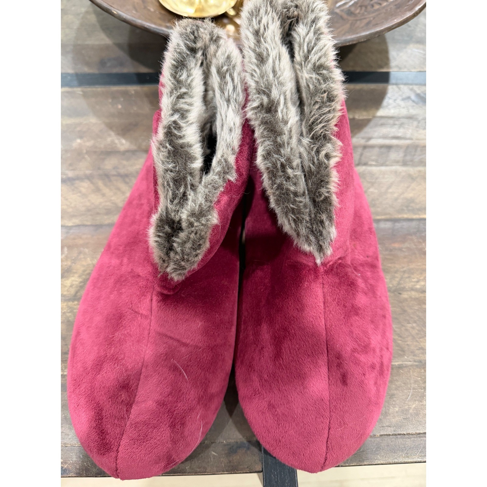 Dearfoams Womens Velour Bootie Slippers Pink Faux Fur Trim Large 9-10 Washable