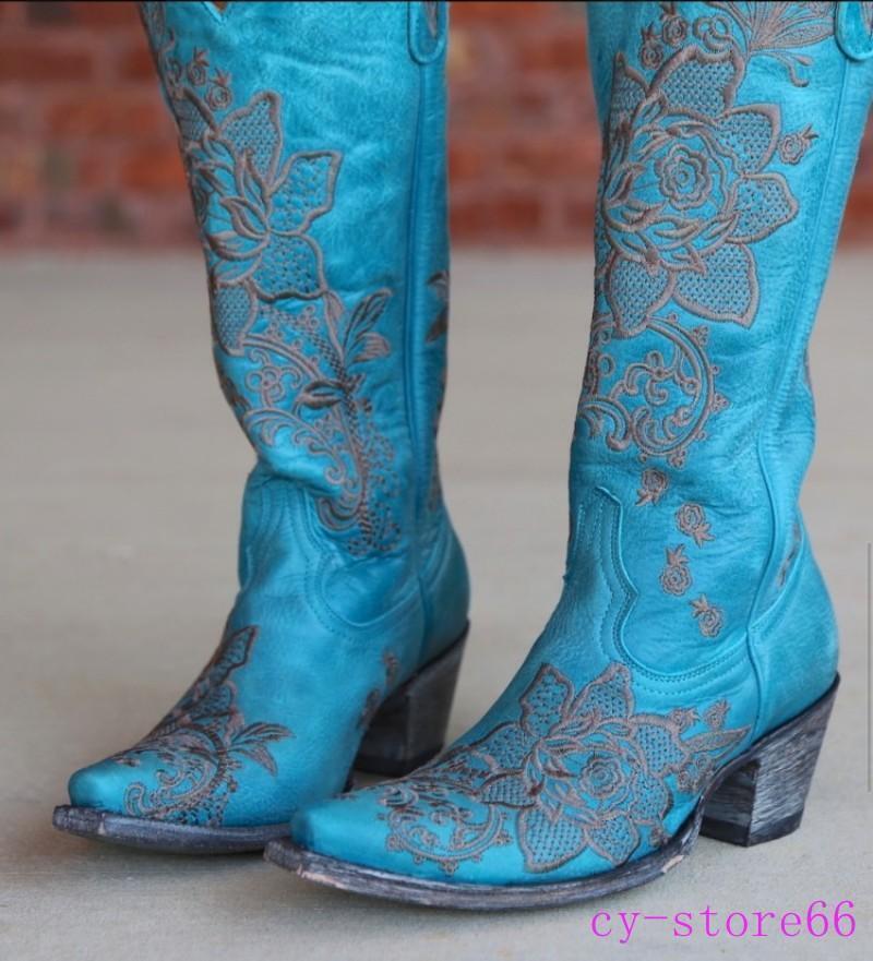 Embroidery Floral Women’s Pull on Square Toe Calf Knee High Western Boots Cowboy