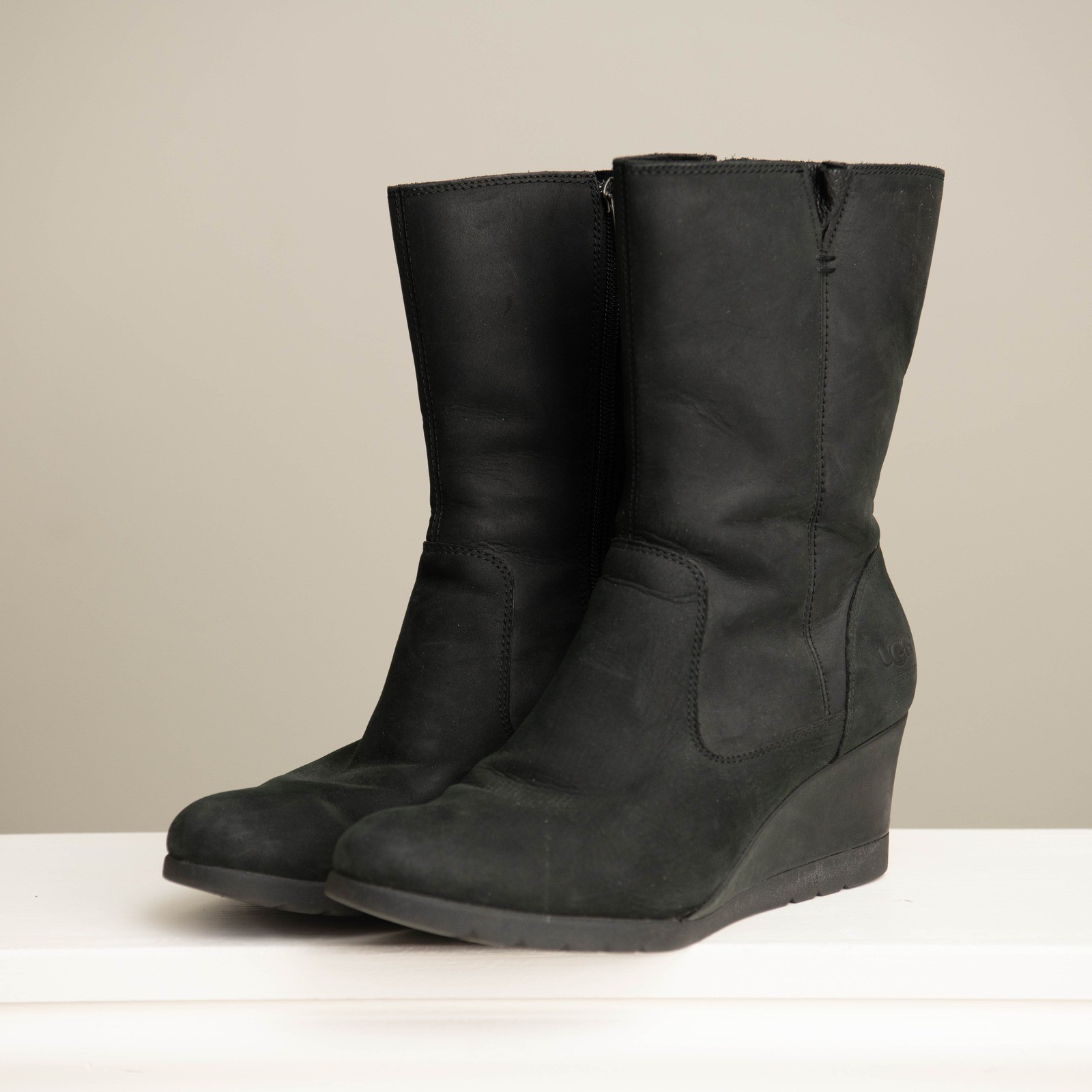 UGG Sz 9 Mid-Calf Wedge Boots Black Leather Minimalist Chic Quiet Luxury