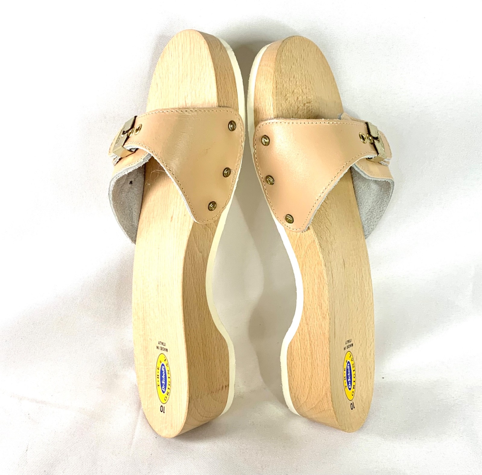 Dr. Scholls ‘The Original’ Sandal Leather Wood Slide Made i Italy SZ 10 Tan NWOT