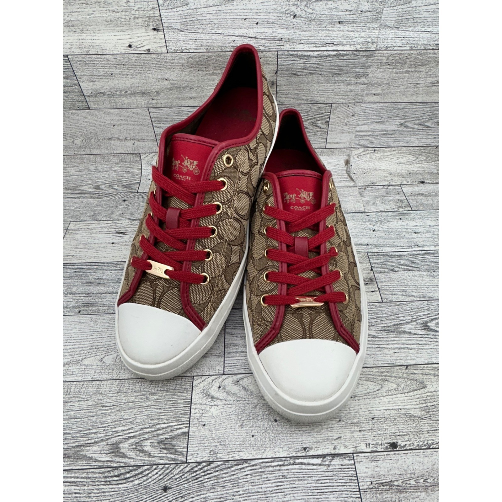 Coach Empire Women Khaki Red Signature Jacquard Low Top Shoes Size 11B A00248