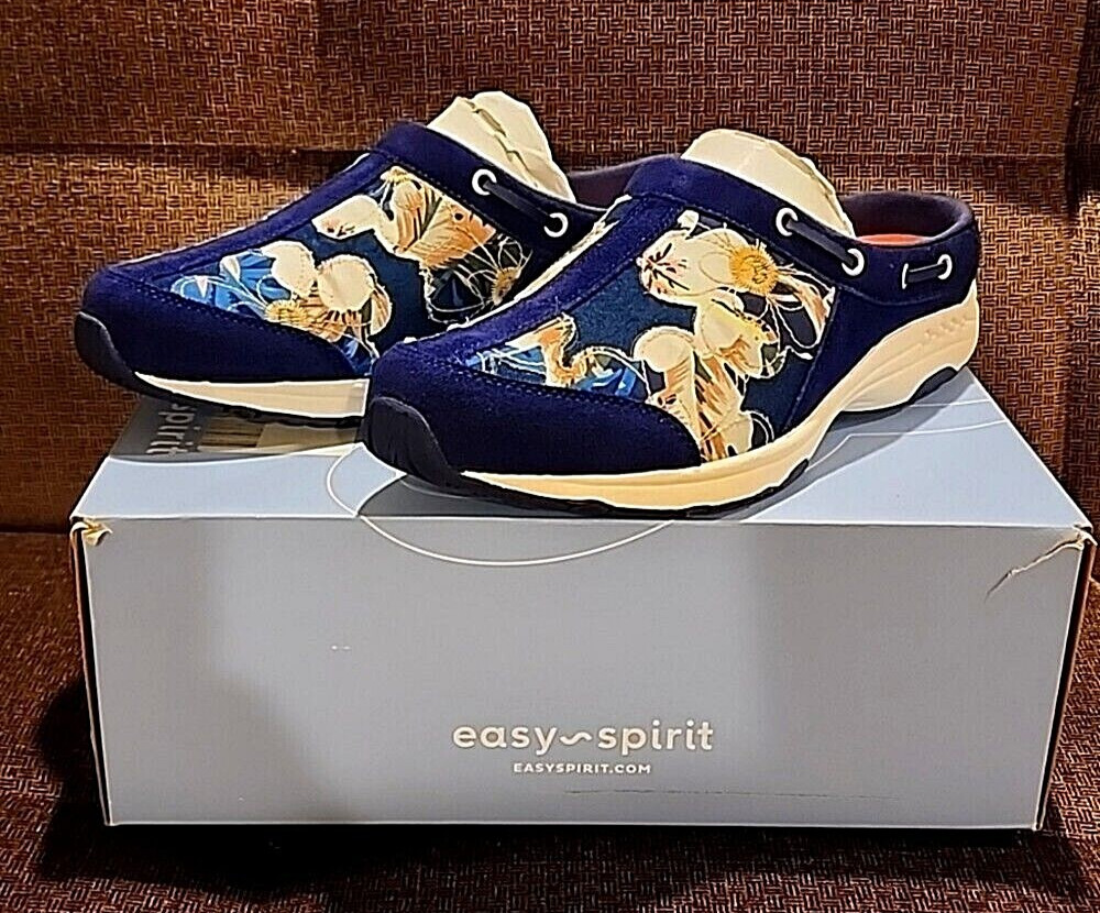 EASY SPIRIT 6 WIDE womens open back sneakers mules clog suede leather blue shoes