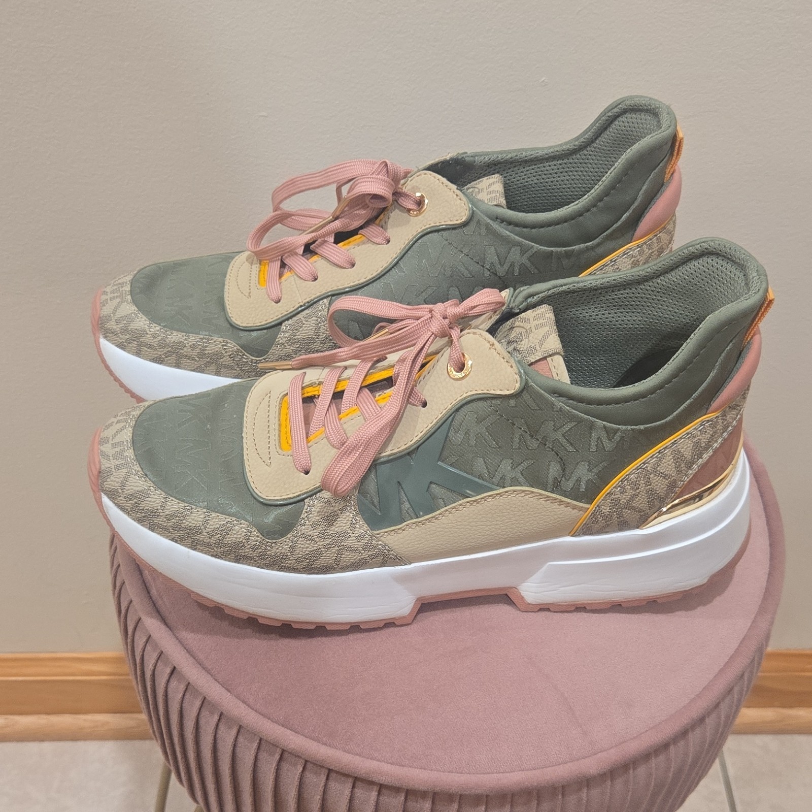 Michael Kors Women’s Low Top Logo Lace-Up Athletic Sneakers Green Pink Beige