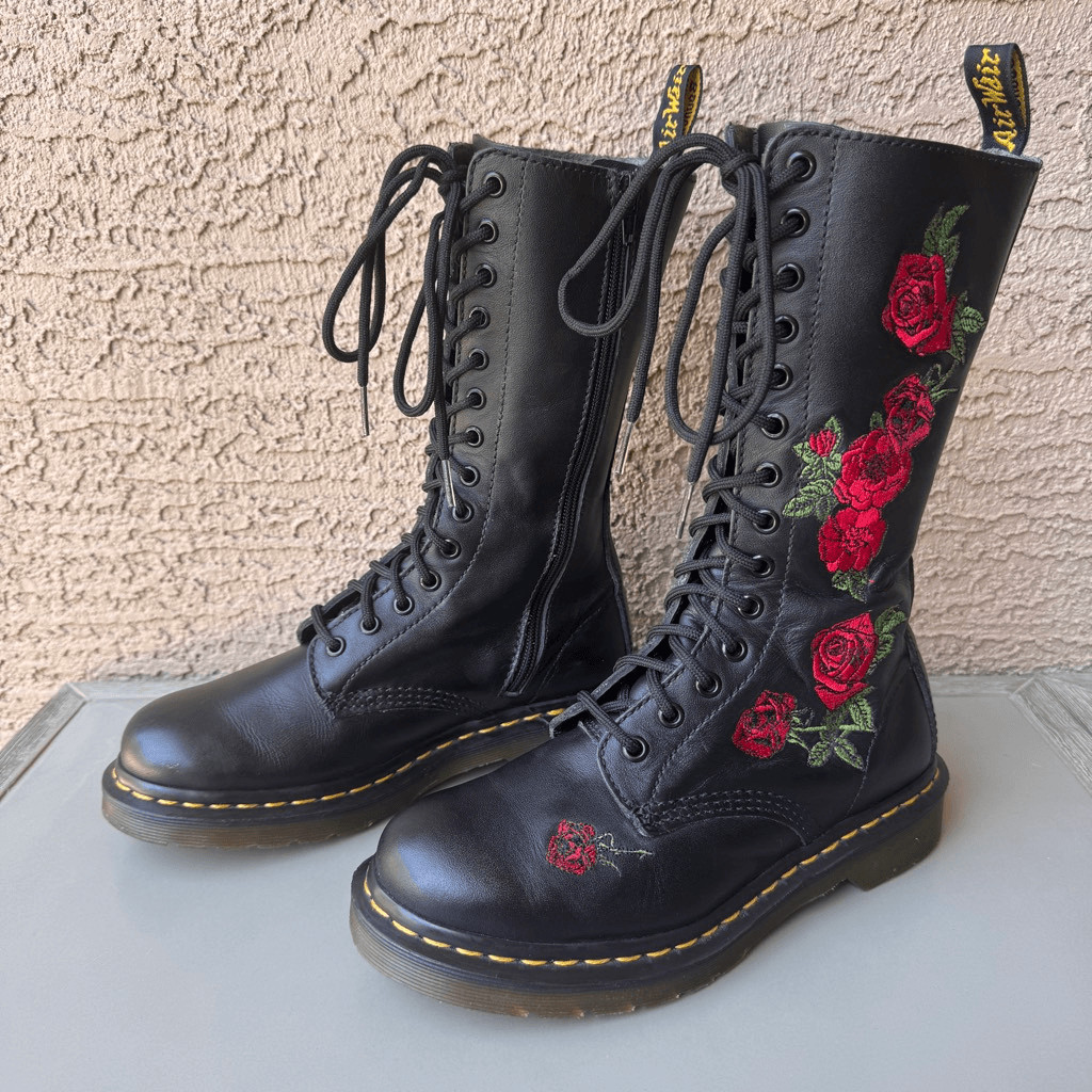Dr Martens 1914 Vonda 14 Eye Lace Up Tall Boots Black Red Rose Womens 7US/38EU