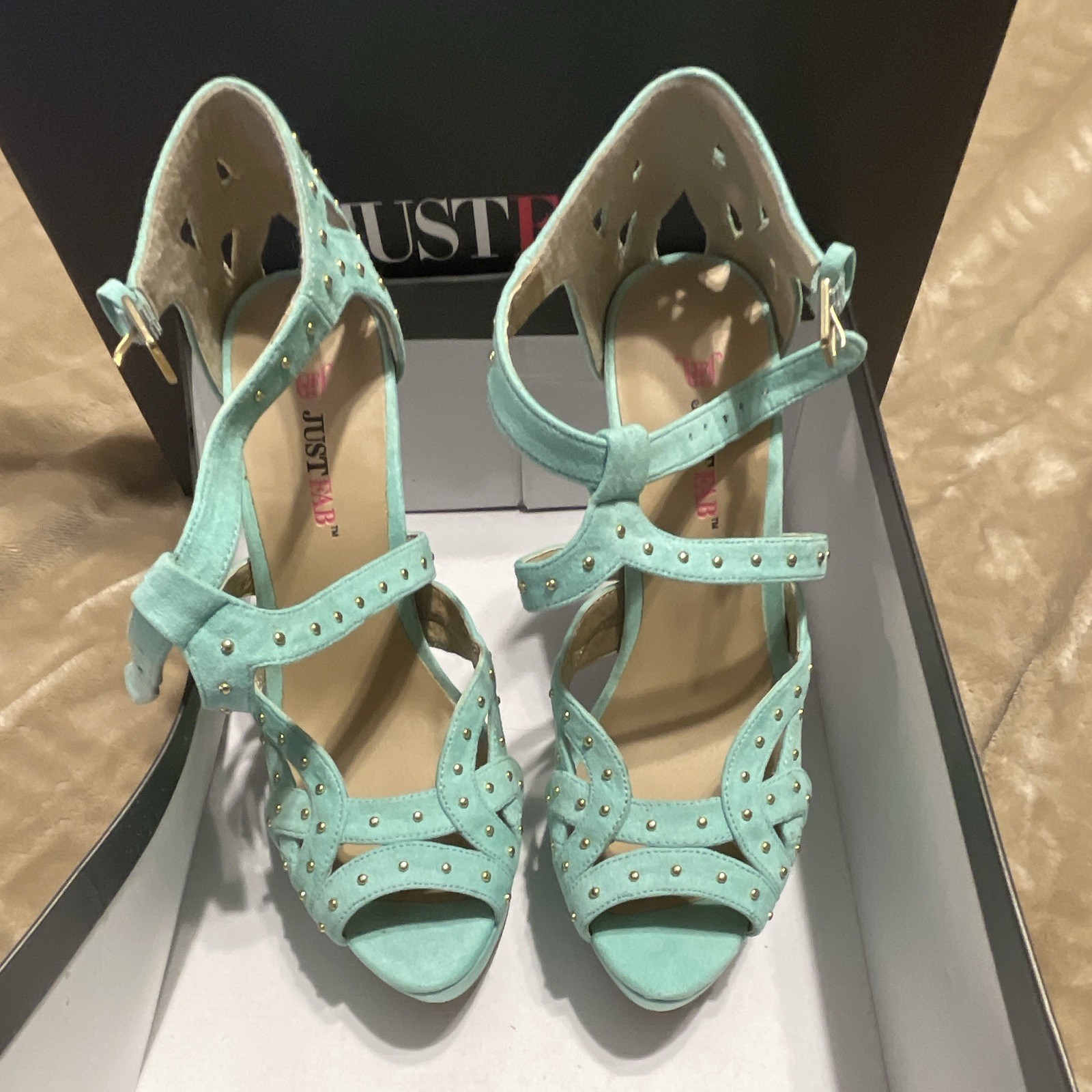 JustFab Mint (teal) Studded Ankle Strap Open Toe Platform Stiletto Heels 7