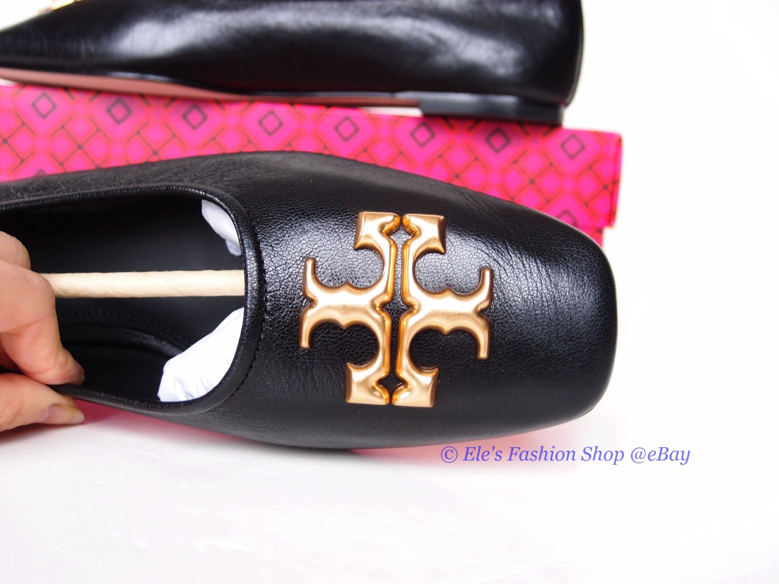 NIB Tory Burch Eleanor Ballet Leather Flat BLACK Gold US 8 8.5 9 AUTHENTIC